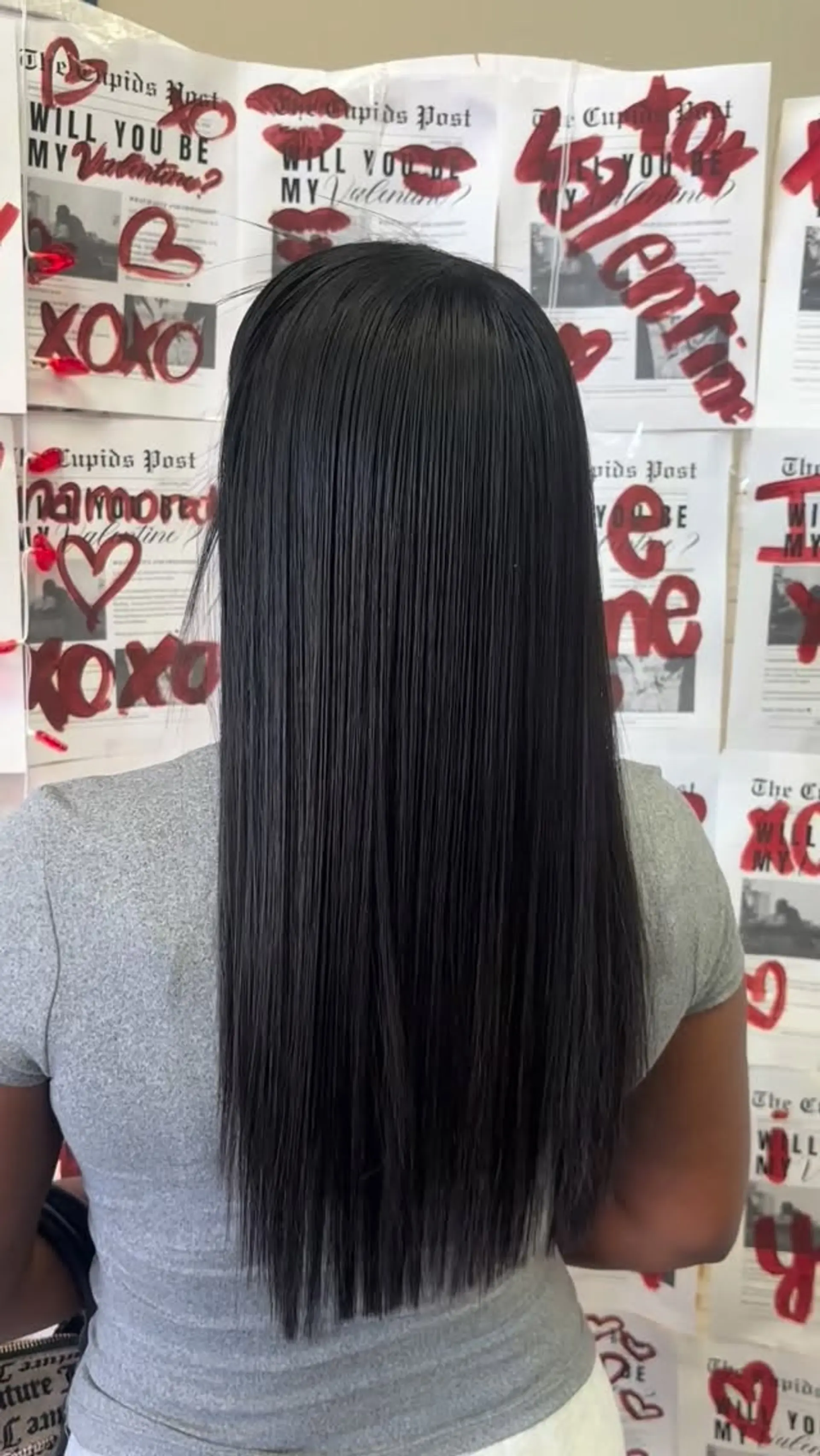 Long, pin-straight glossy black hair showcasing an ultra-smooth and sleek texture. 1
