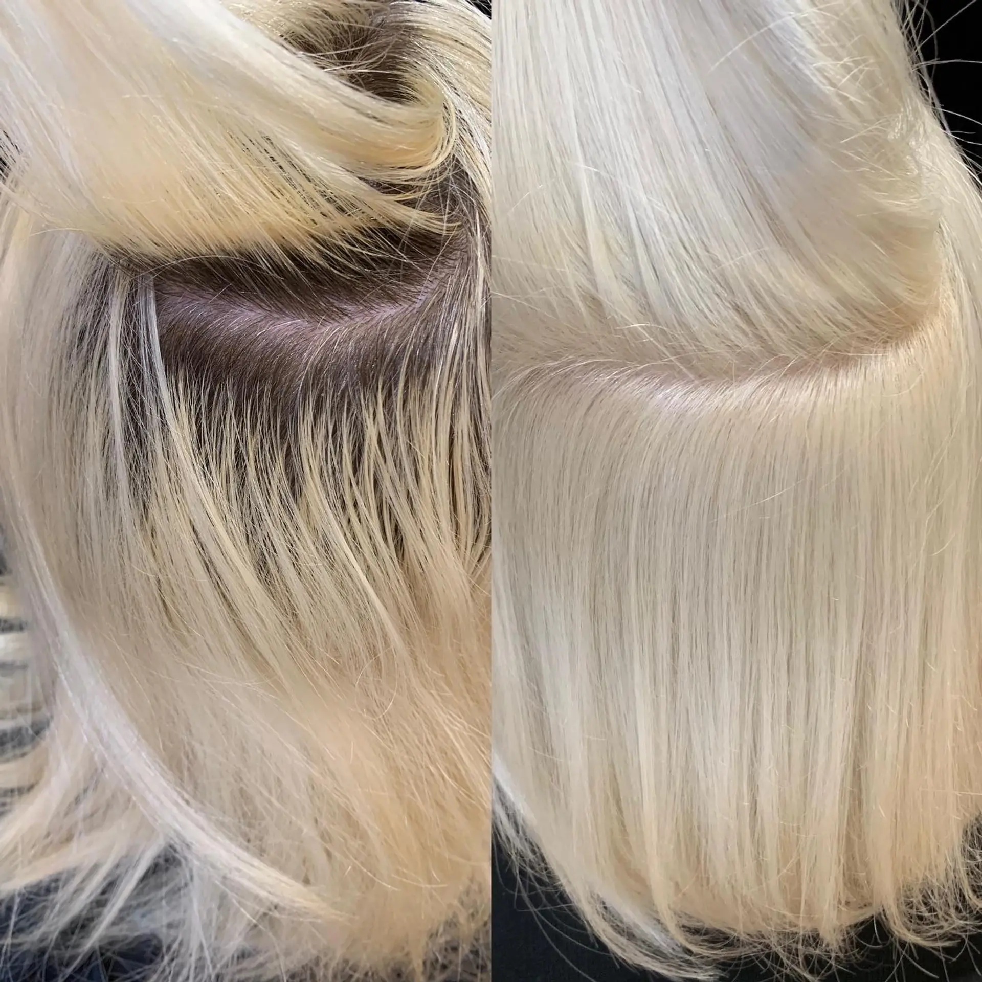 Side-by-side comparison showing a clean bleach root touch-up transitioning dark roots into seamless platinum blonde. 1