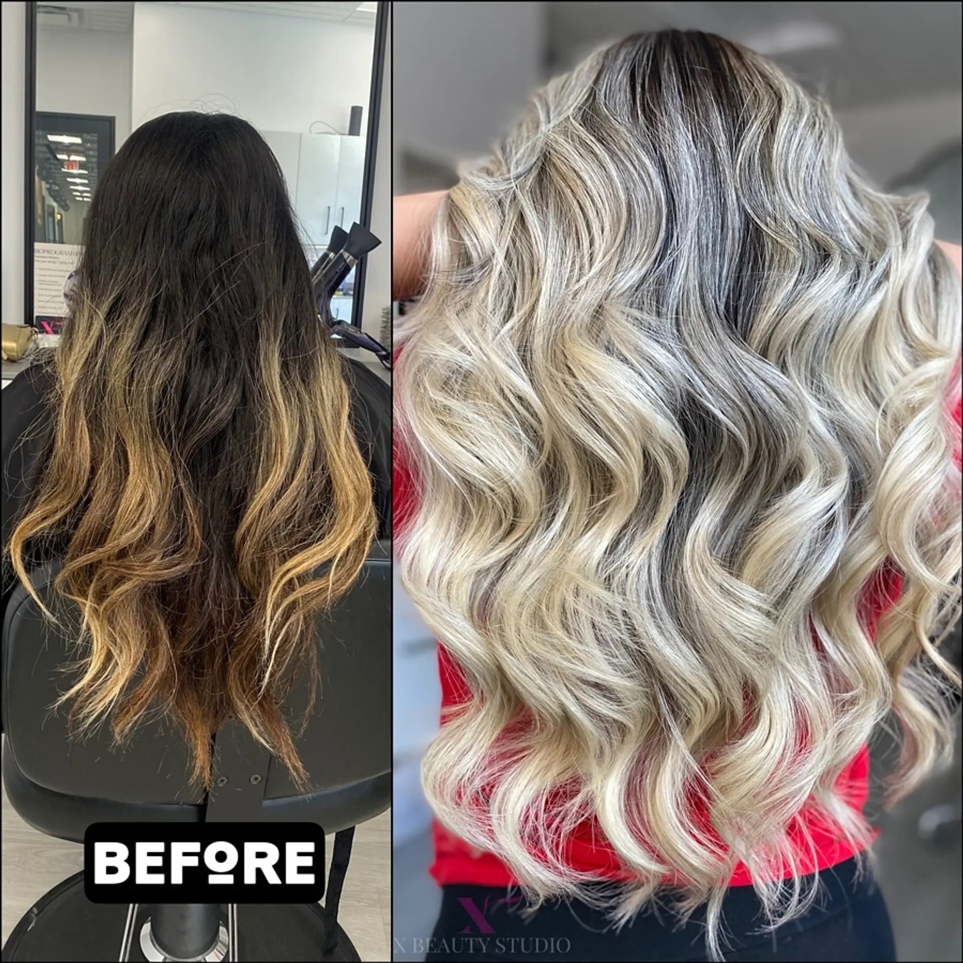 Long, dimensional platinum ash blonde hair styled with voluminous, flowing beach waves. 1