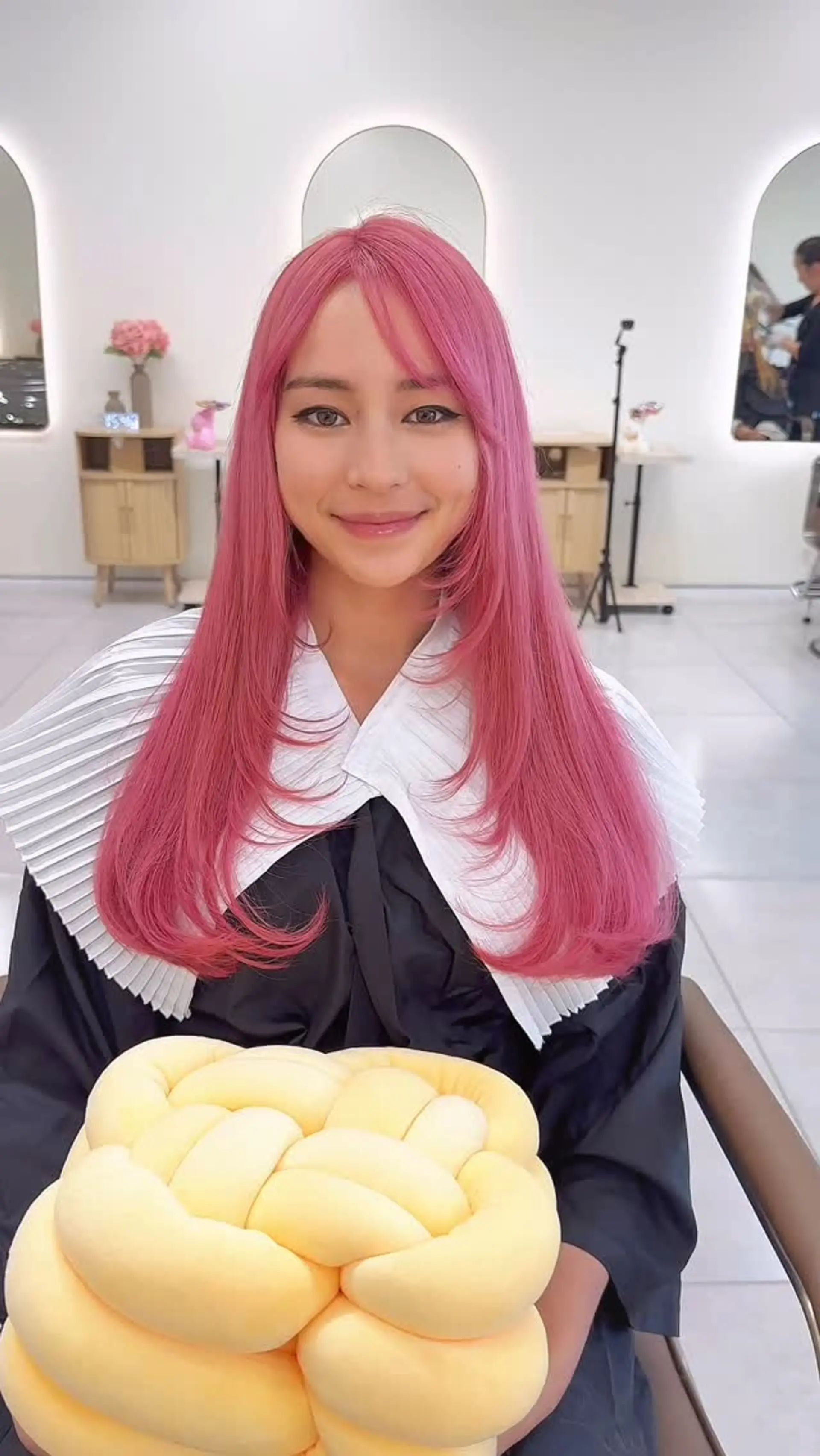 Long straight soft pink hair featuring delicate face-framing layers and parted front fringe. 1