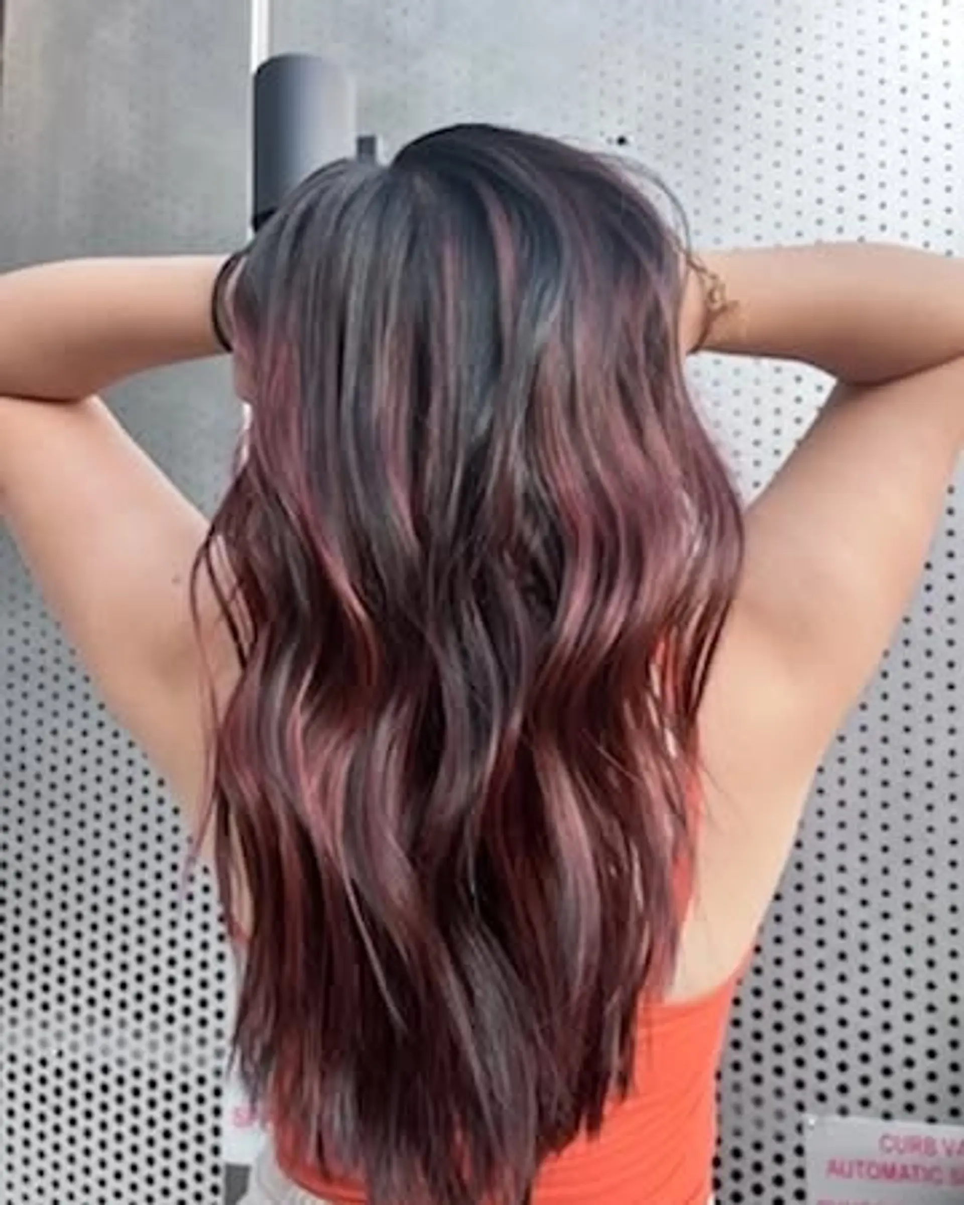 Long wavy brunette hair with pink and gray highlights. 1