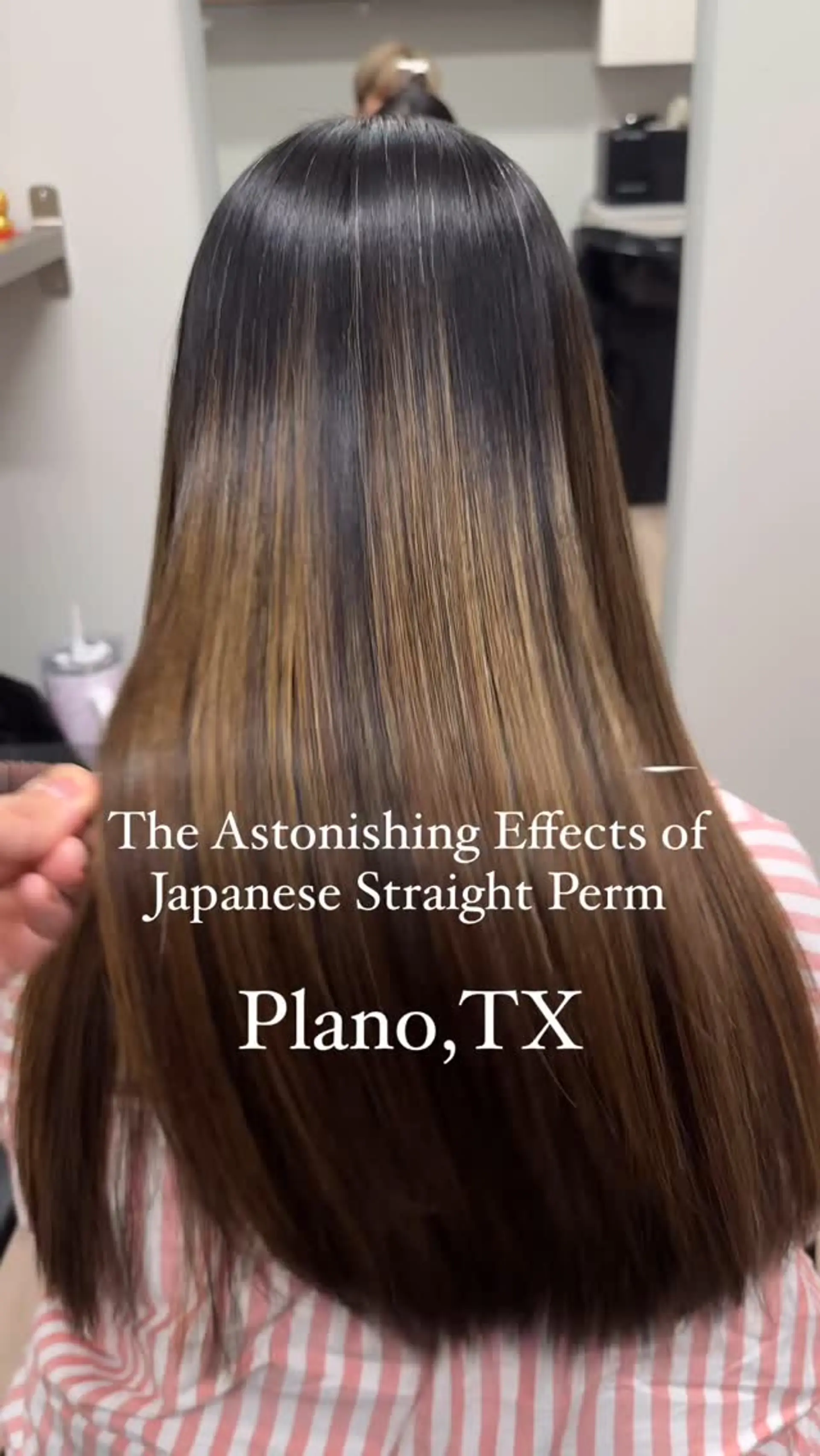 Long, pin-straight glossy hair with caramel brown highlights, treated with a Japanese straightening perm. 1