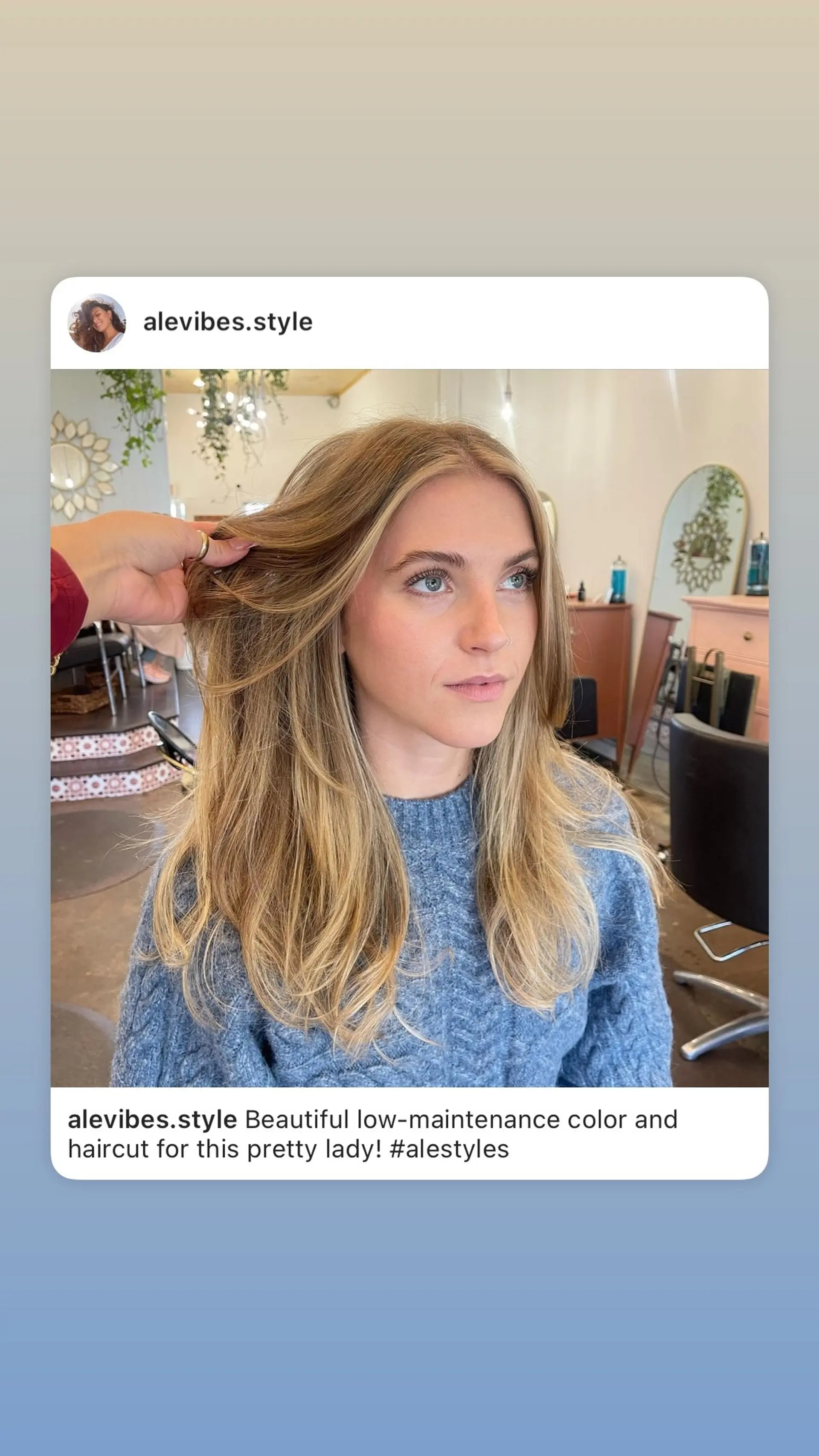 A medium-length layered haircut with a bronde color, featuring face-framing layers and subtle highlights. 1