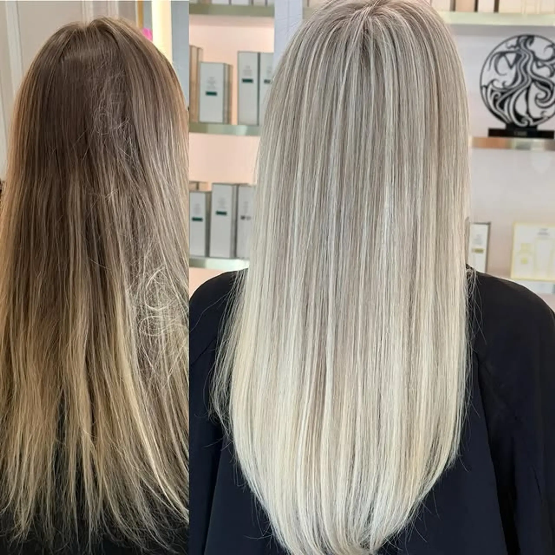 A sleek, icy blonde color transformation with a money piece and a root smudge. 1