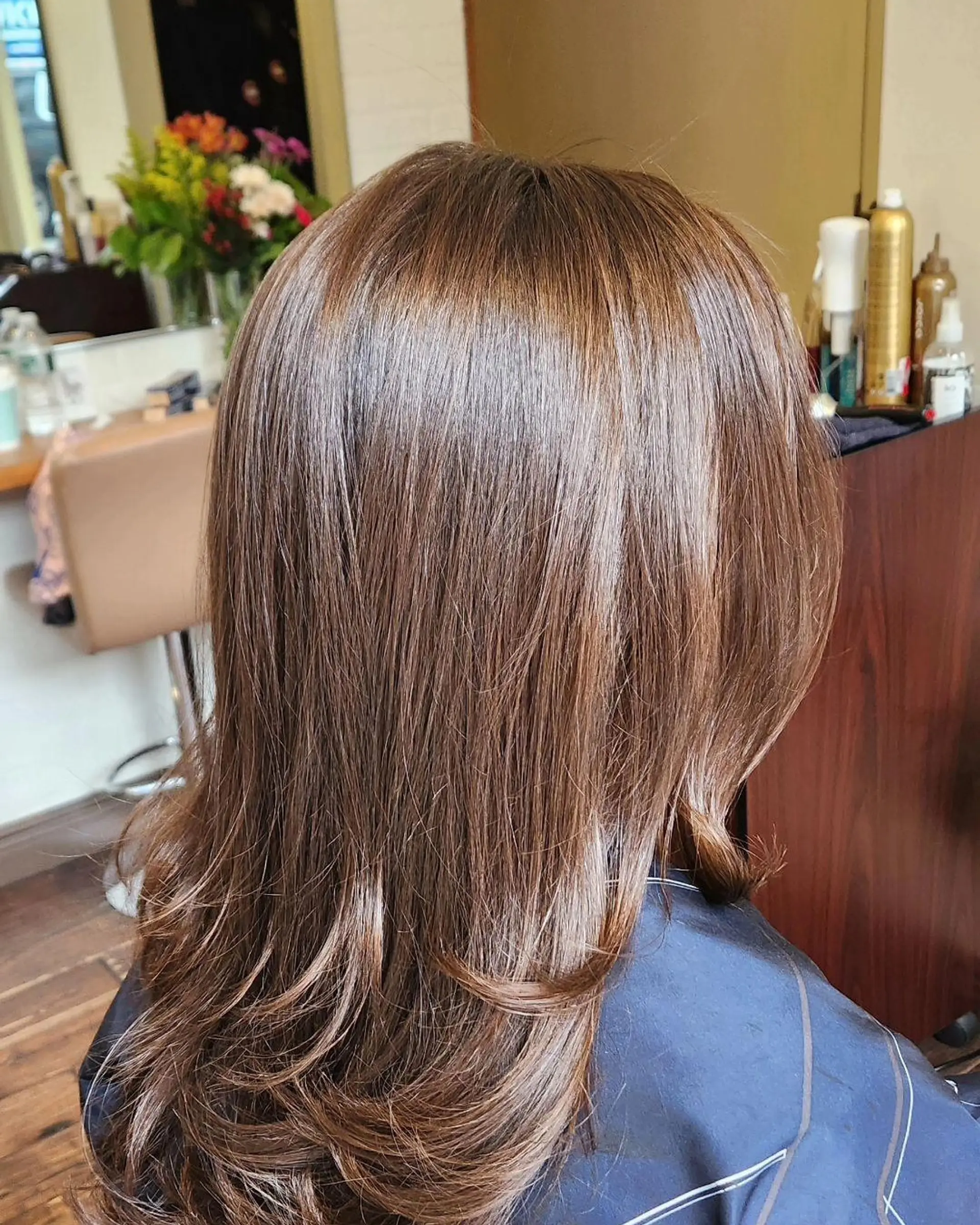 A medium-length layered cut styled into a smooth, glossy blowout with soft flipped ends in a rich chestnut brown shade. 1