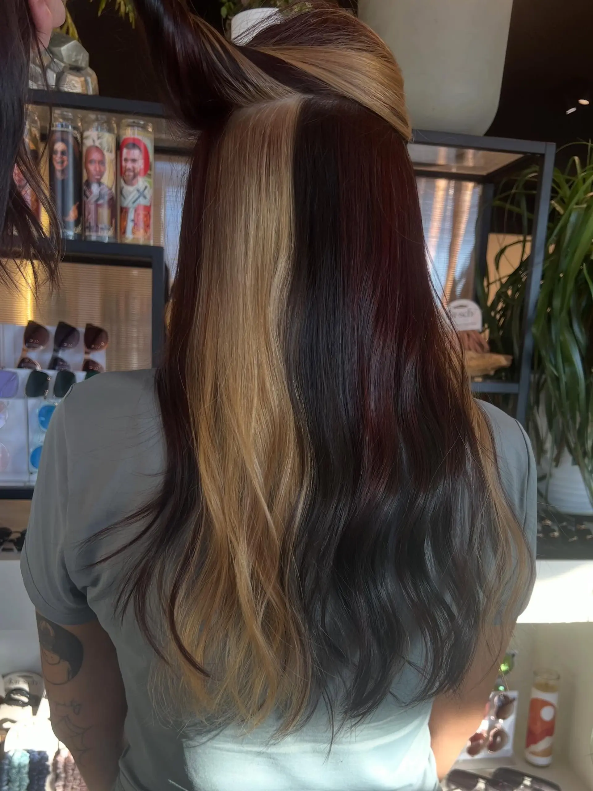 Long hair featuring calico-inspired color blocking with distinct sections of warm blonde, deep auburn, and rich dark brown. 1