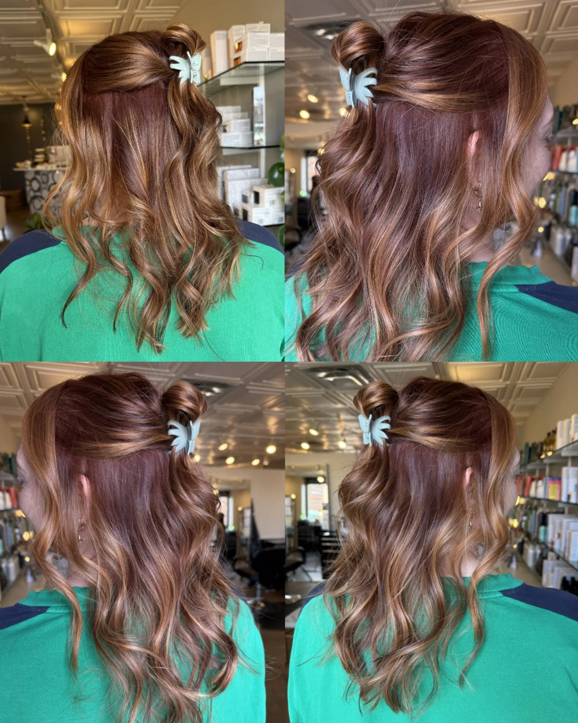 Medium-length dimensional auburn hair styled into loose waves and secured in a half-up twist with a pale green claw clip. 1