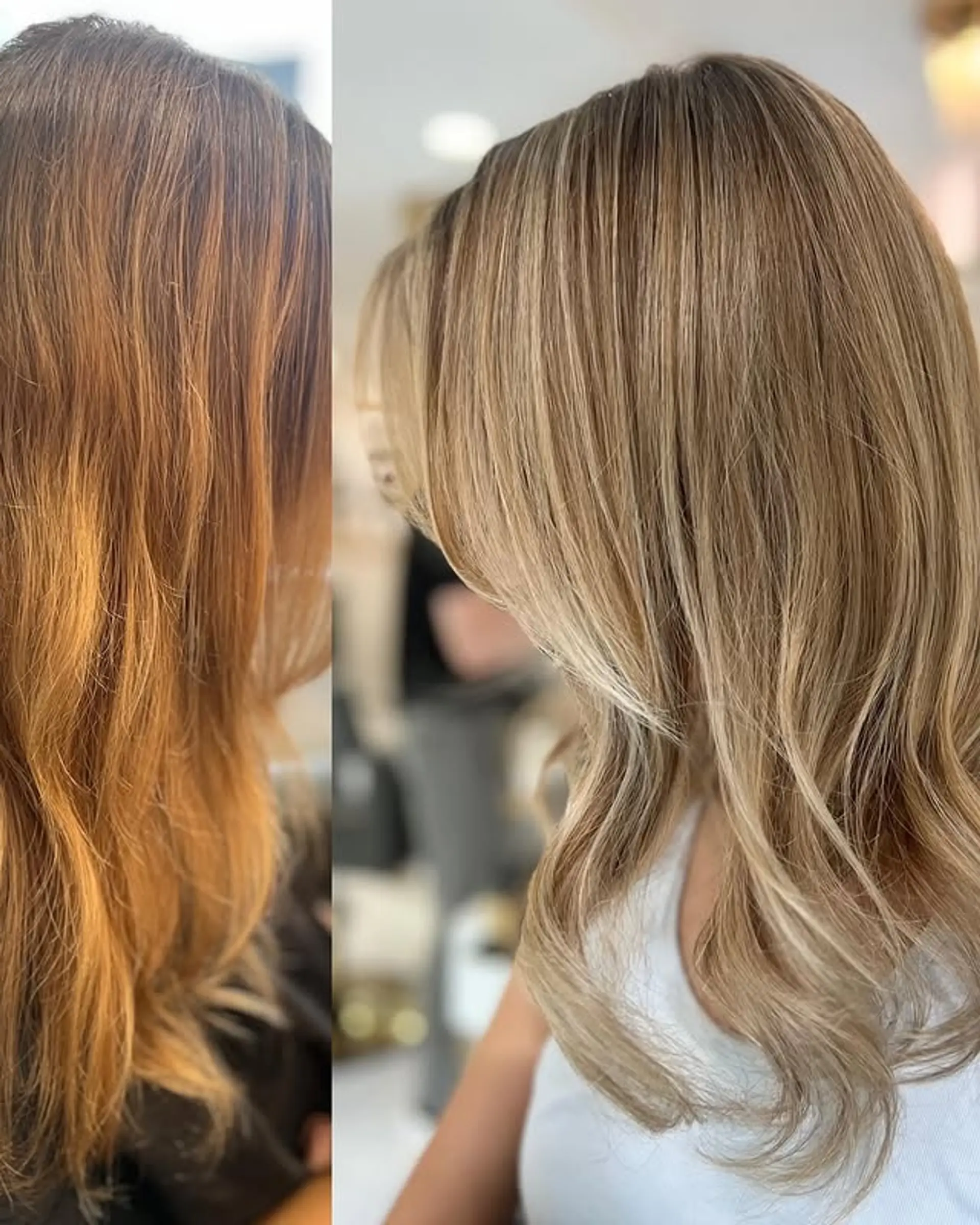 This hairstyle features a beautiful bronde balayage with soft, face-framing layers and wavy styling. 1