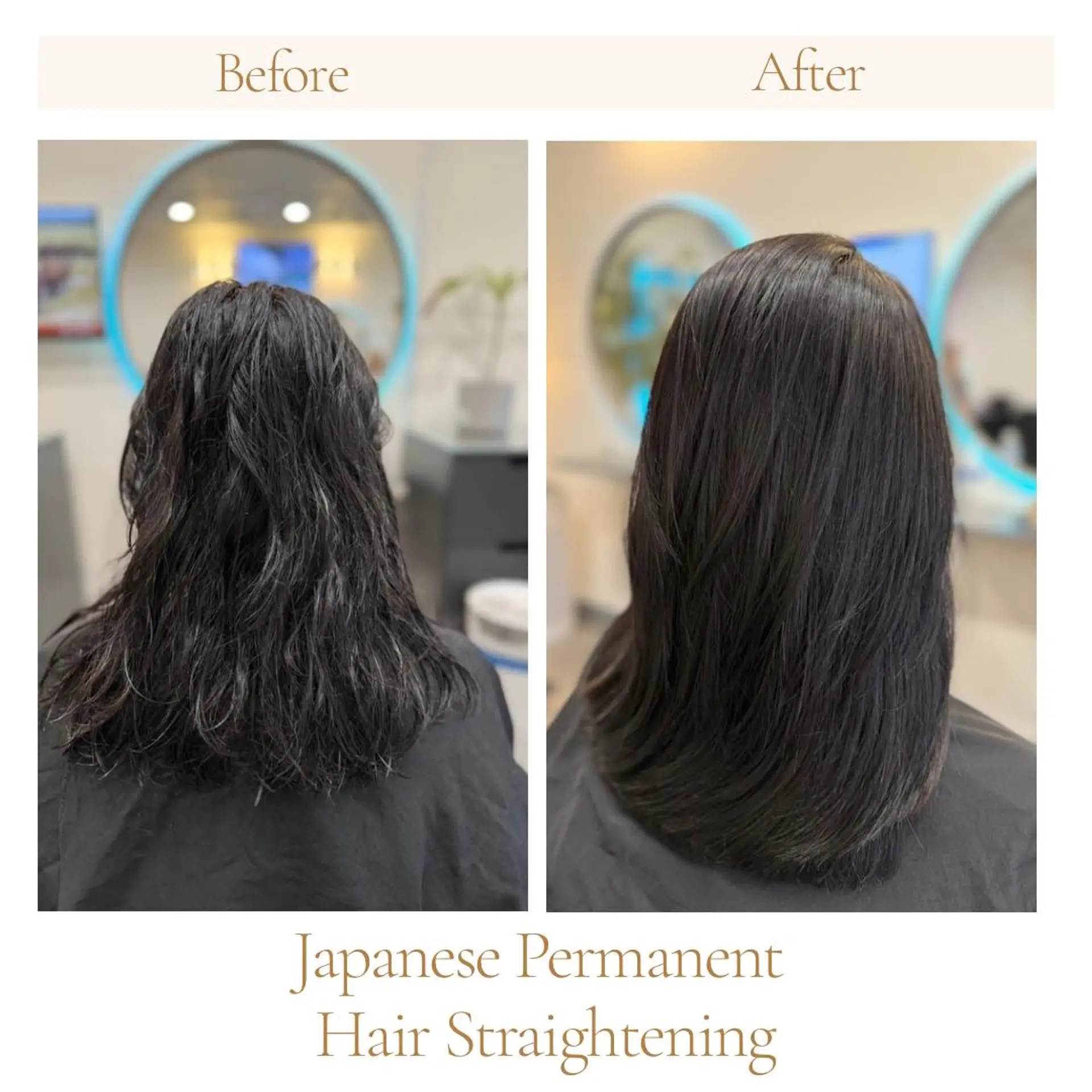 Medium-length dark hair transformed into a sleek, glossy, and smooth straight finish. 1