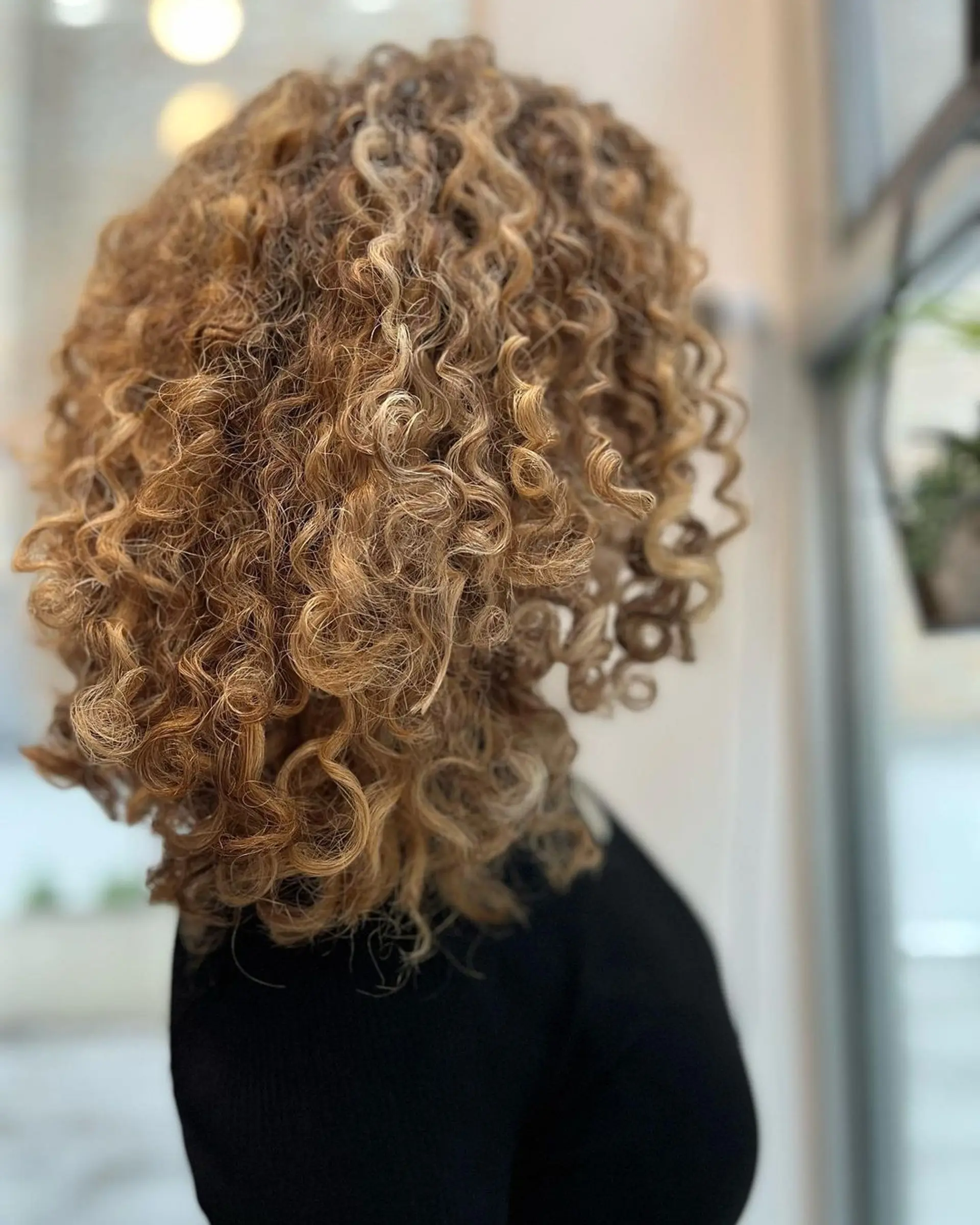 Medium-length curly hairstyle with honey blonde and golden brown hues. Natural curls form bouncy, voluminous ringlets with highlights, framing the face beautifully. 2