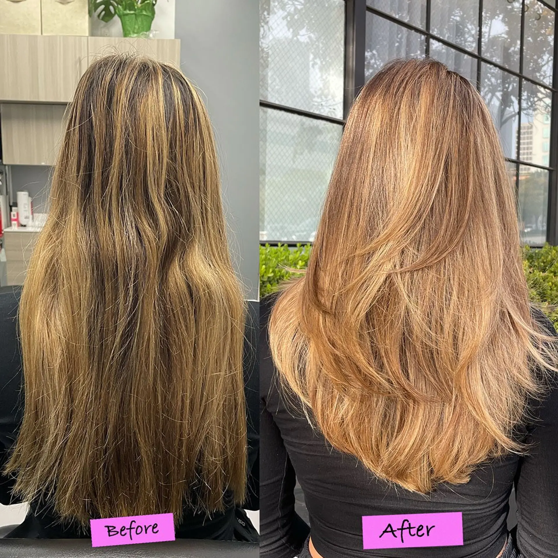 A long layered haircut styled into a soft, voluminous blowout with inward curving layers. 1
