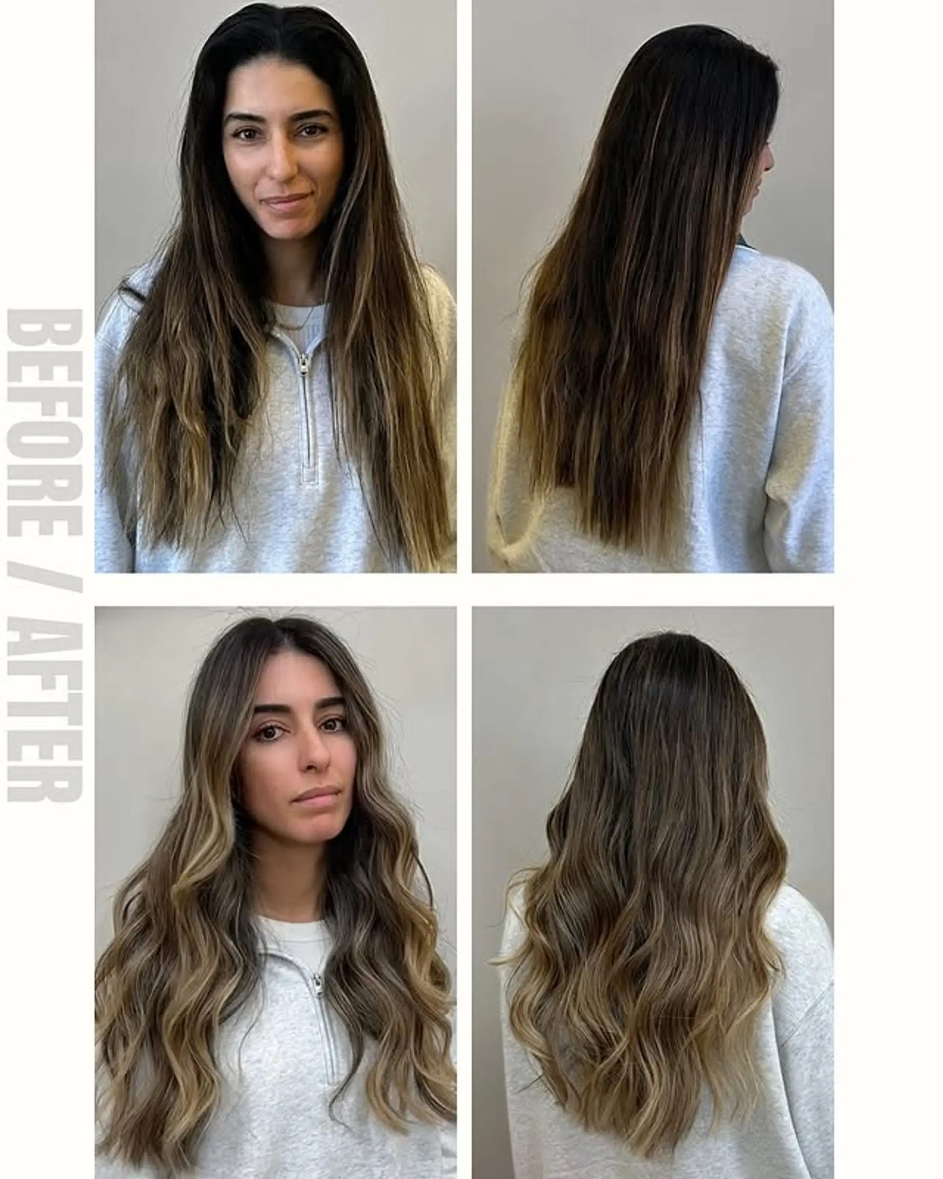 A long, wavy hairstyle featuring a bronde balayage with beachy waves. 1