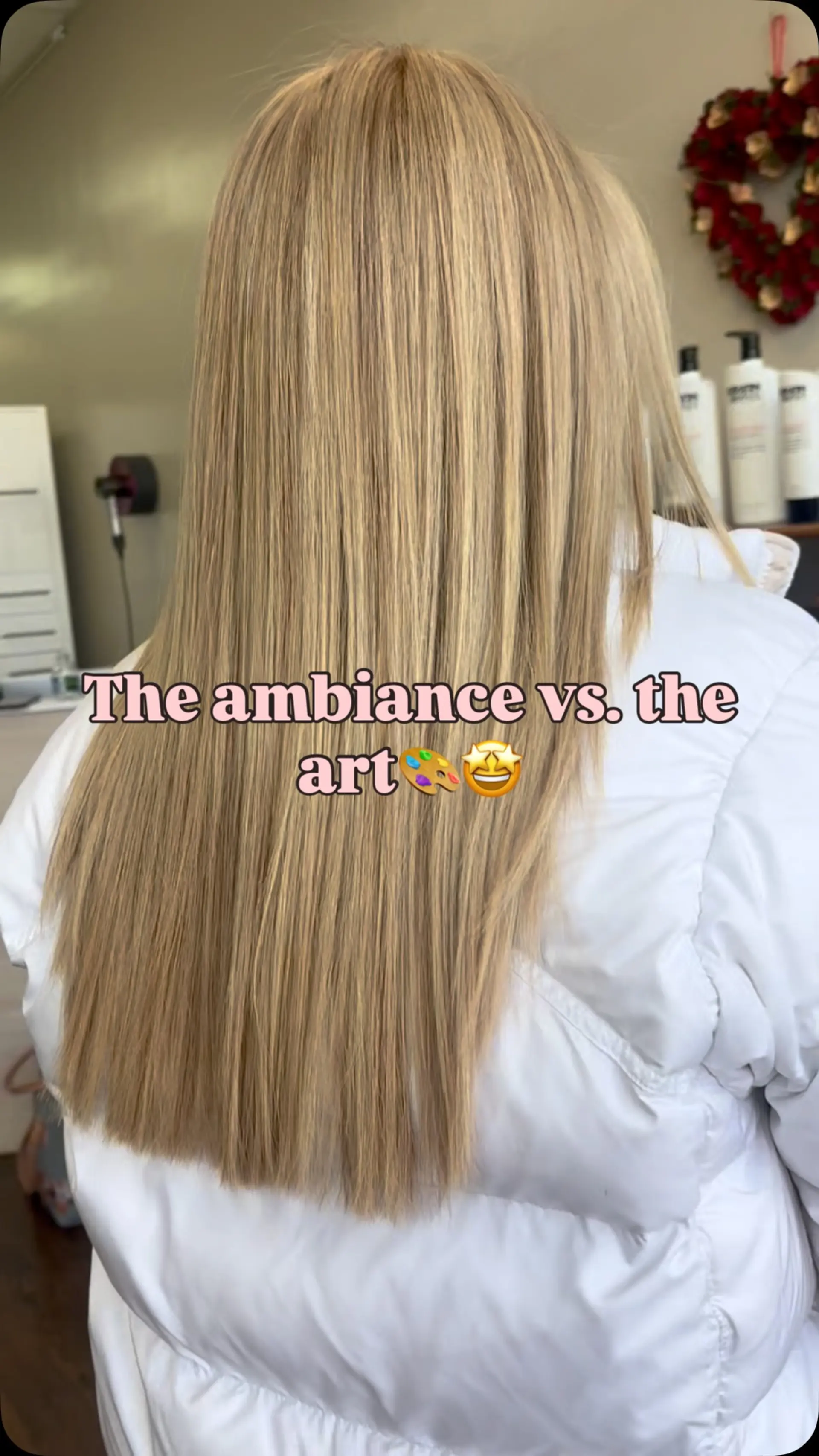 Long, pin-straight hair with multi-tonal dimensional blonde highlights and a clean blunt trim. 1