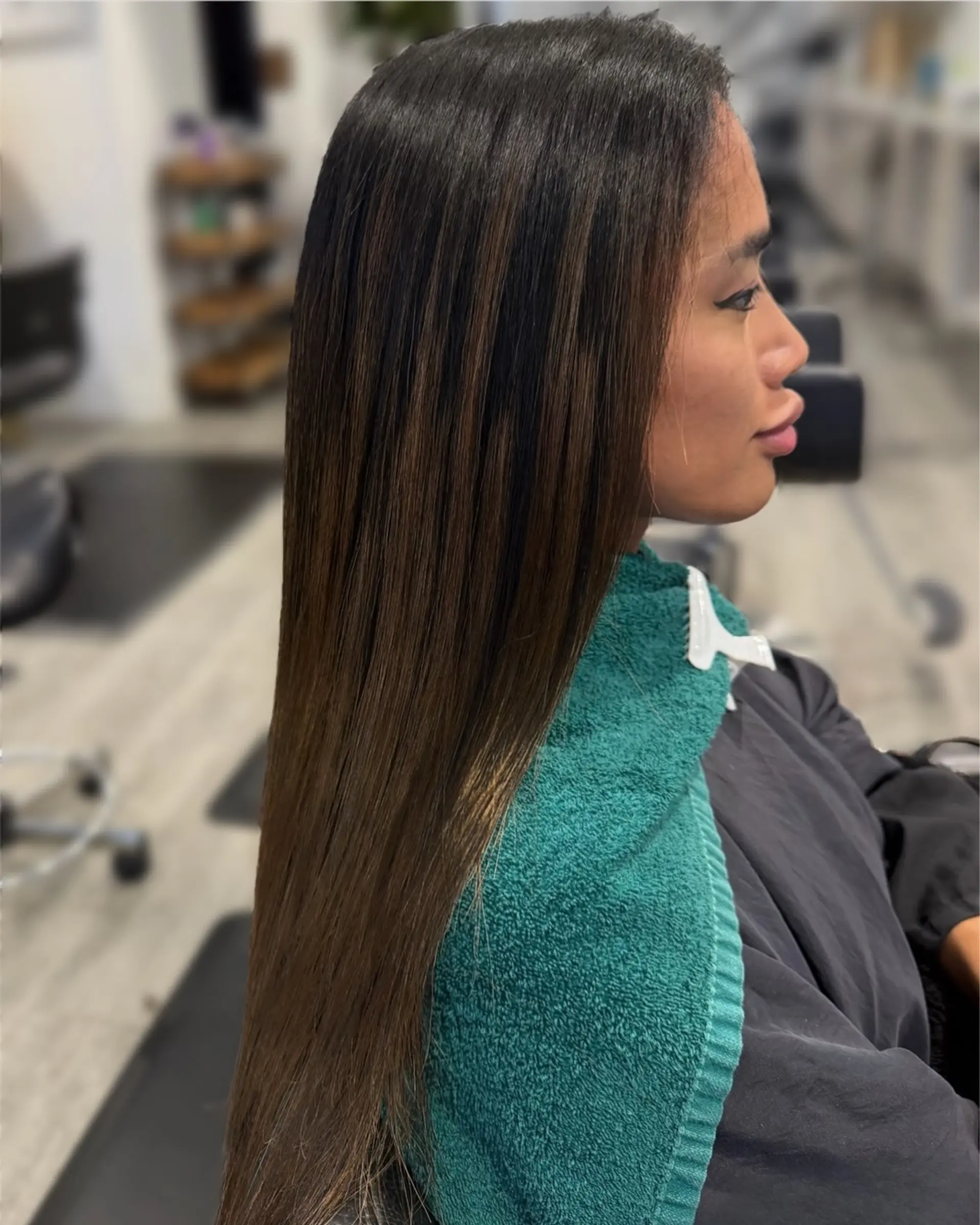 Ultra-smooth, glossy long straight dark brown hair with subtle warm undertones. 1