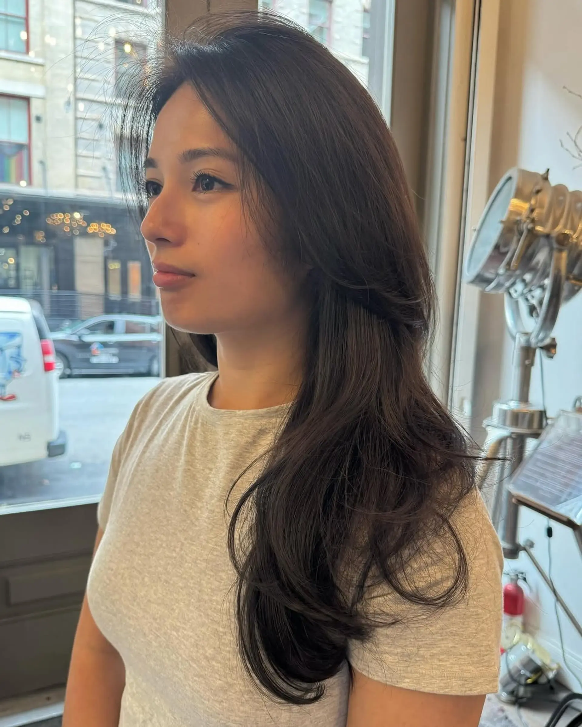 Long, layered, dark brown wavy hair with voluminous face-framing strands. 3