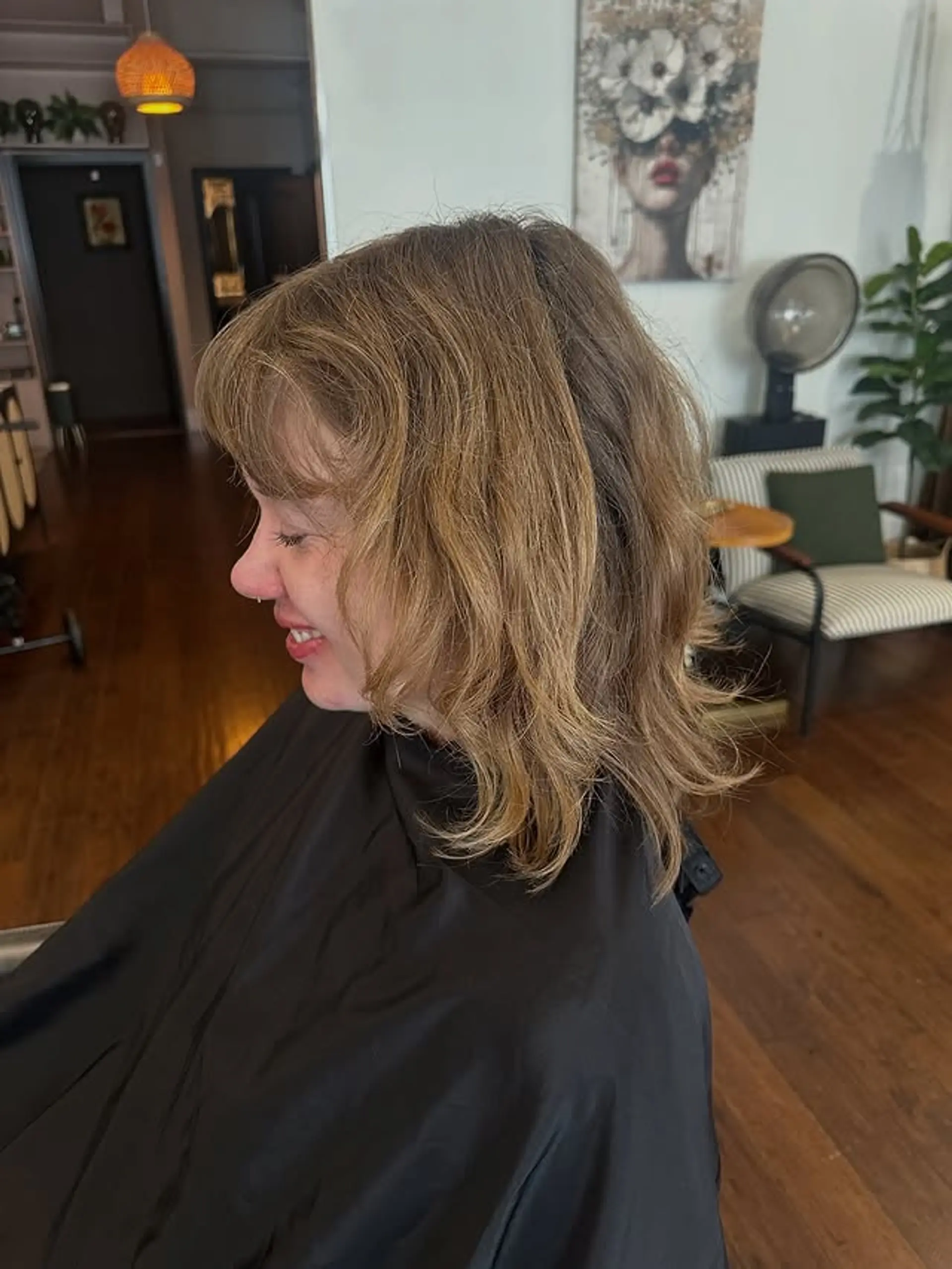 A medium-length shaggy lob with lots of layers, texture, and full bangs. 1