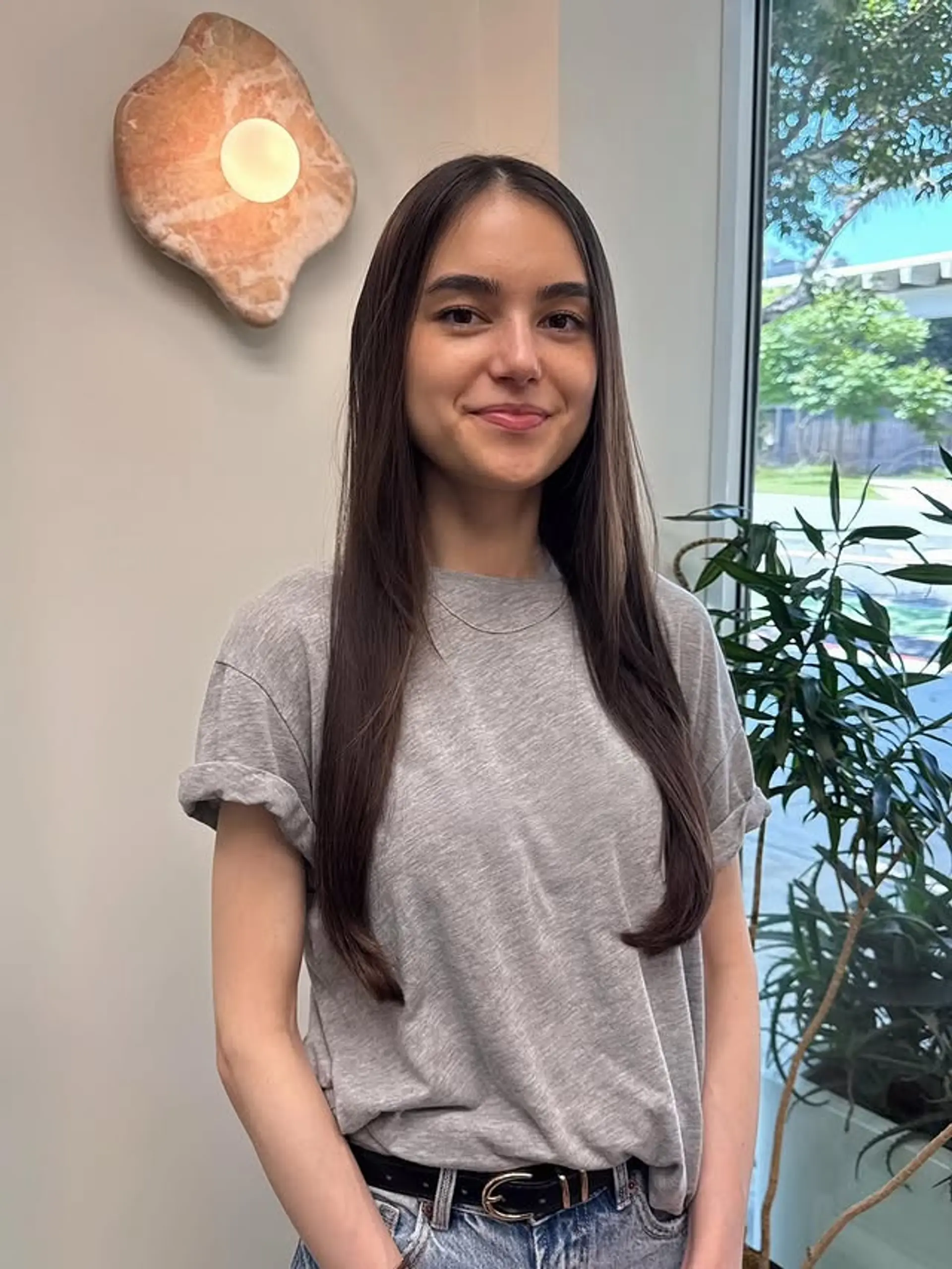 A long, straight brunette hairstyle with subtle layers. 1