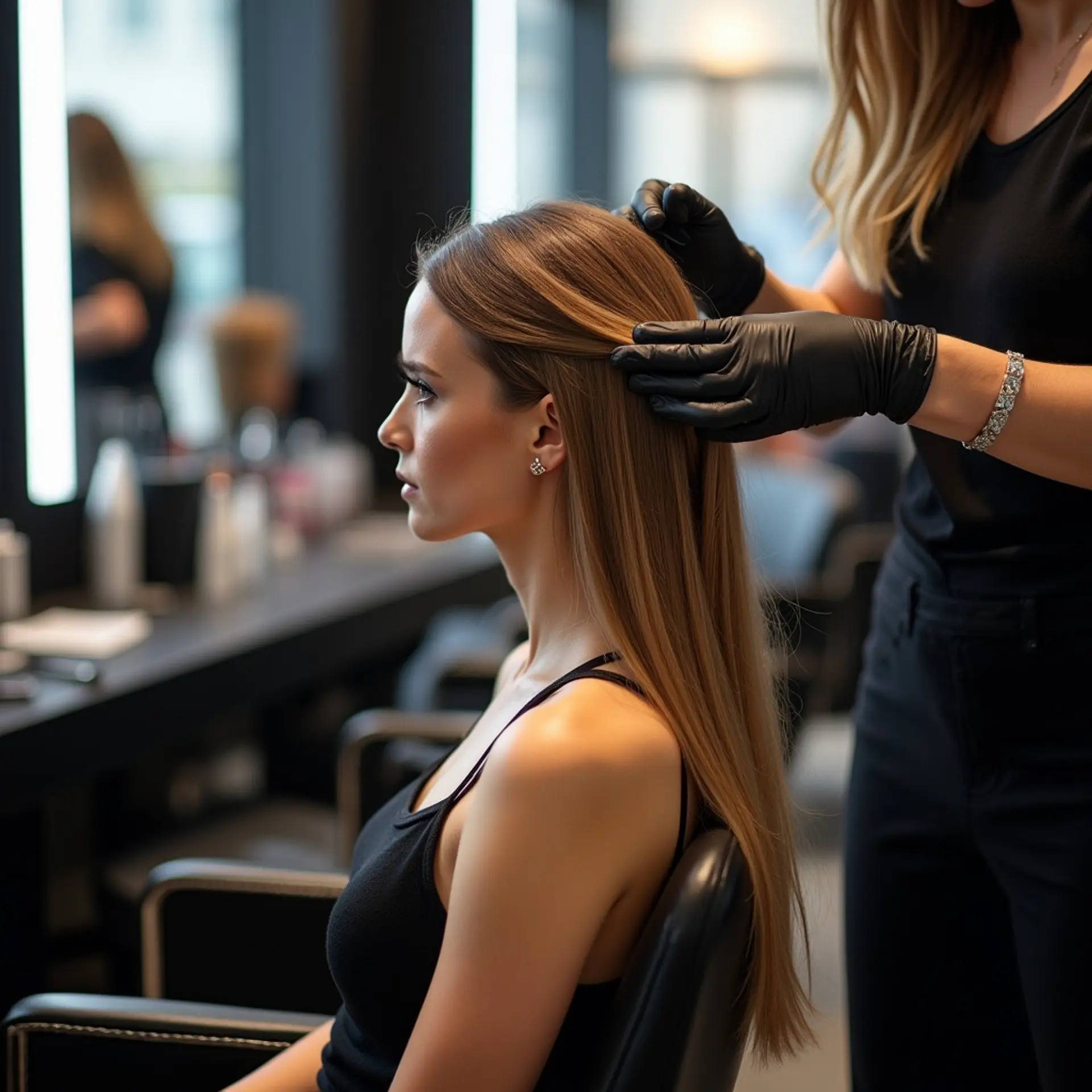 Long, sleek straight hair with smooth precision layers and a glossy finish. 1