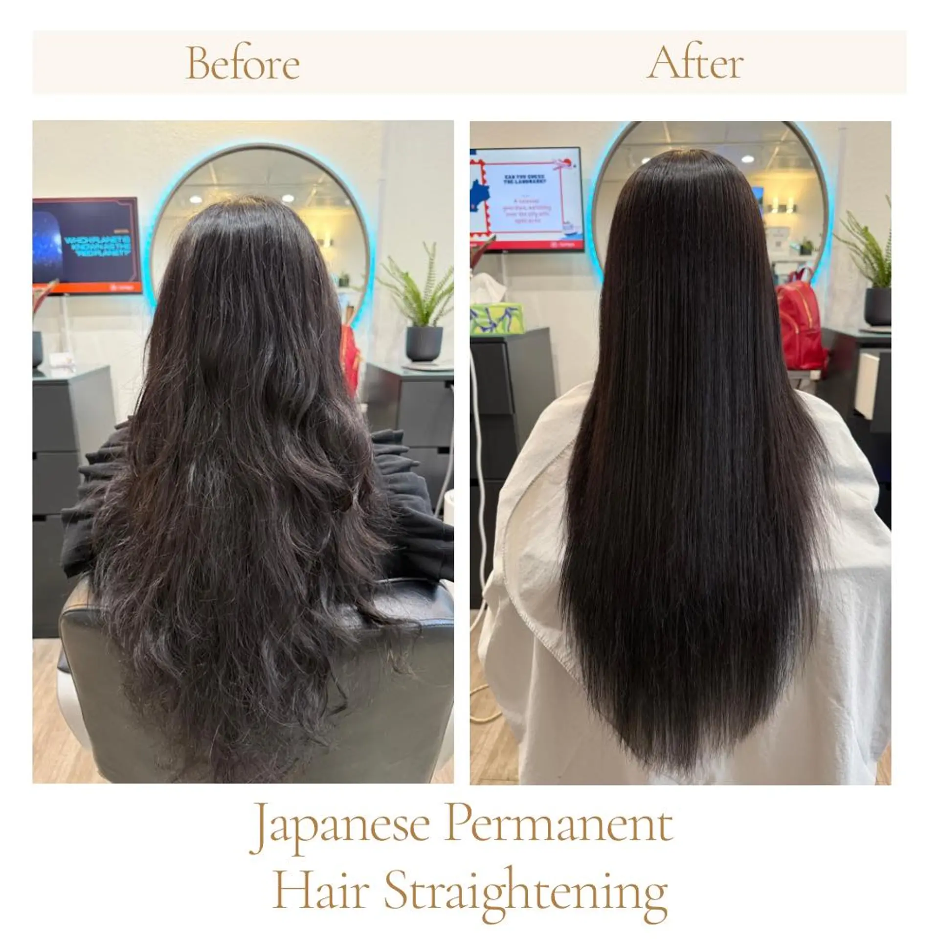 A dramatic before-and-after hair transformation showcasing long wavy hair straightened into sleek, pin-straight locks. 1