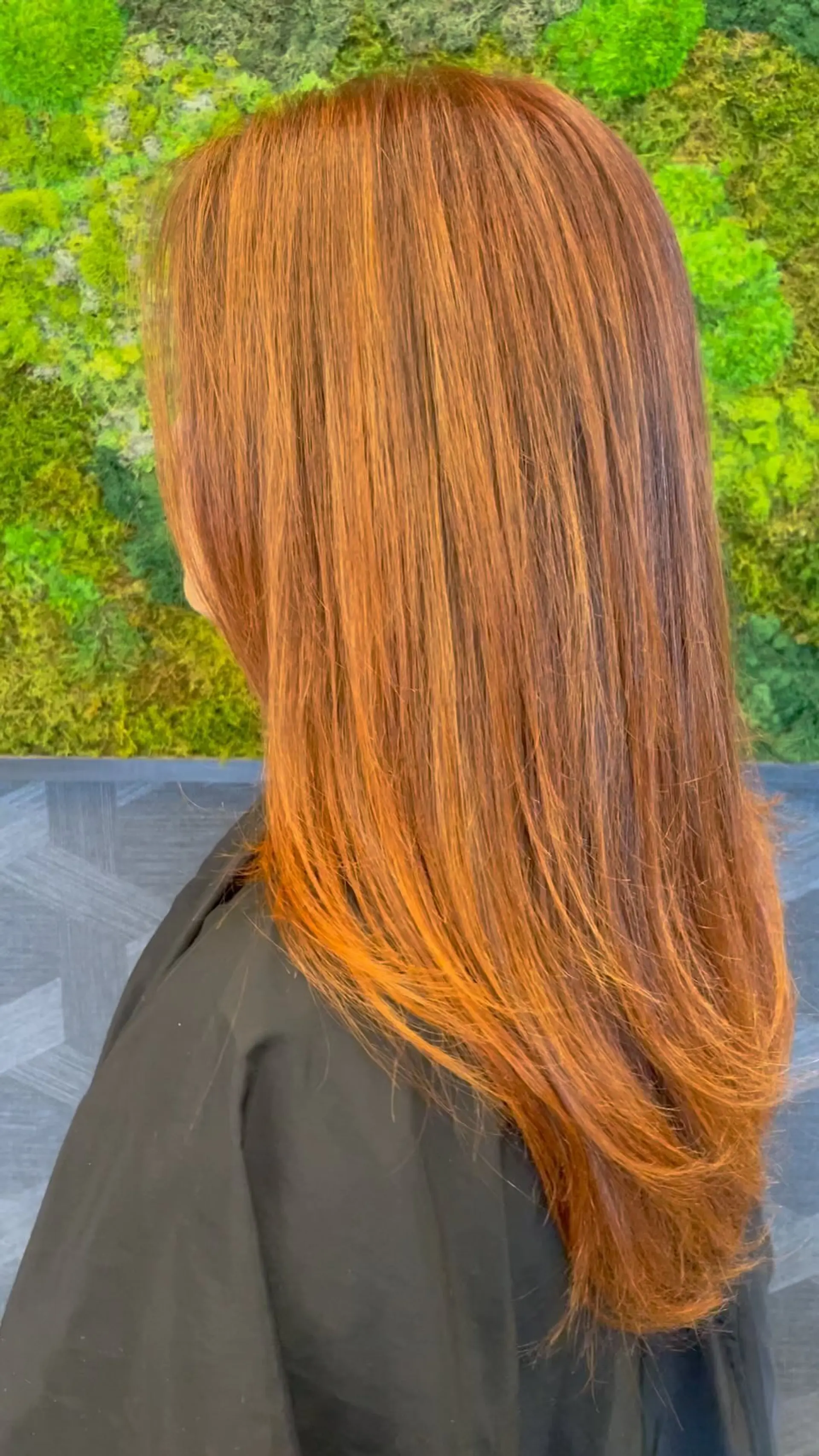 Long, sleek straight hair showcasing a radiant blend of copper, auburn, and warm reddish-brown balayage tones. 1