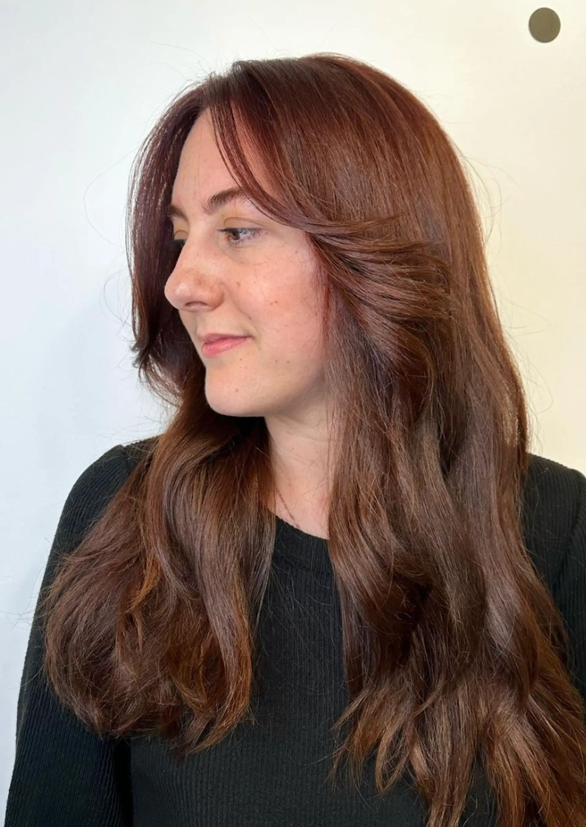 Long, wavy hair with blended layers, face-framing layers, and subtle balayage highlights in chestnut tones.

Color by @simabeautynyc
Cut by @juliamannino_hair
 2