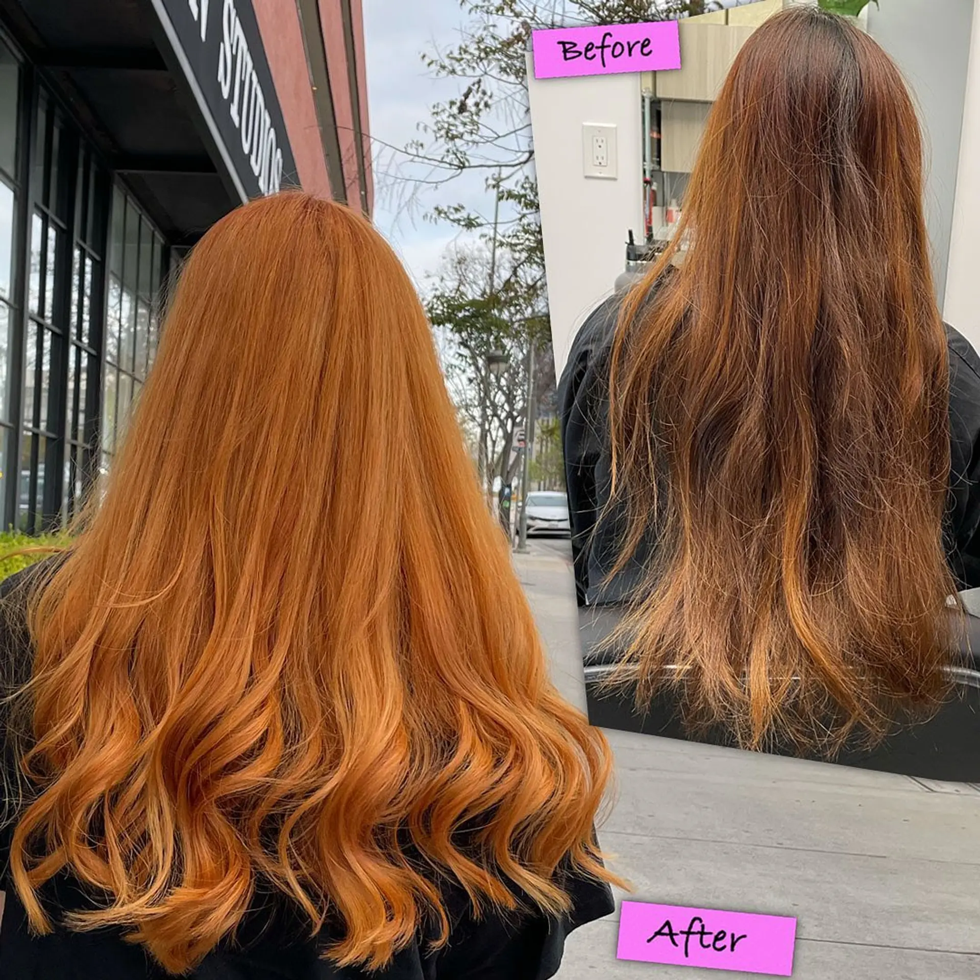 Vibrant copper-orange hair cut into long cascading layers with smooth roots and loose, bouncy curled ends. 1