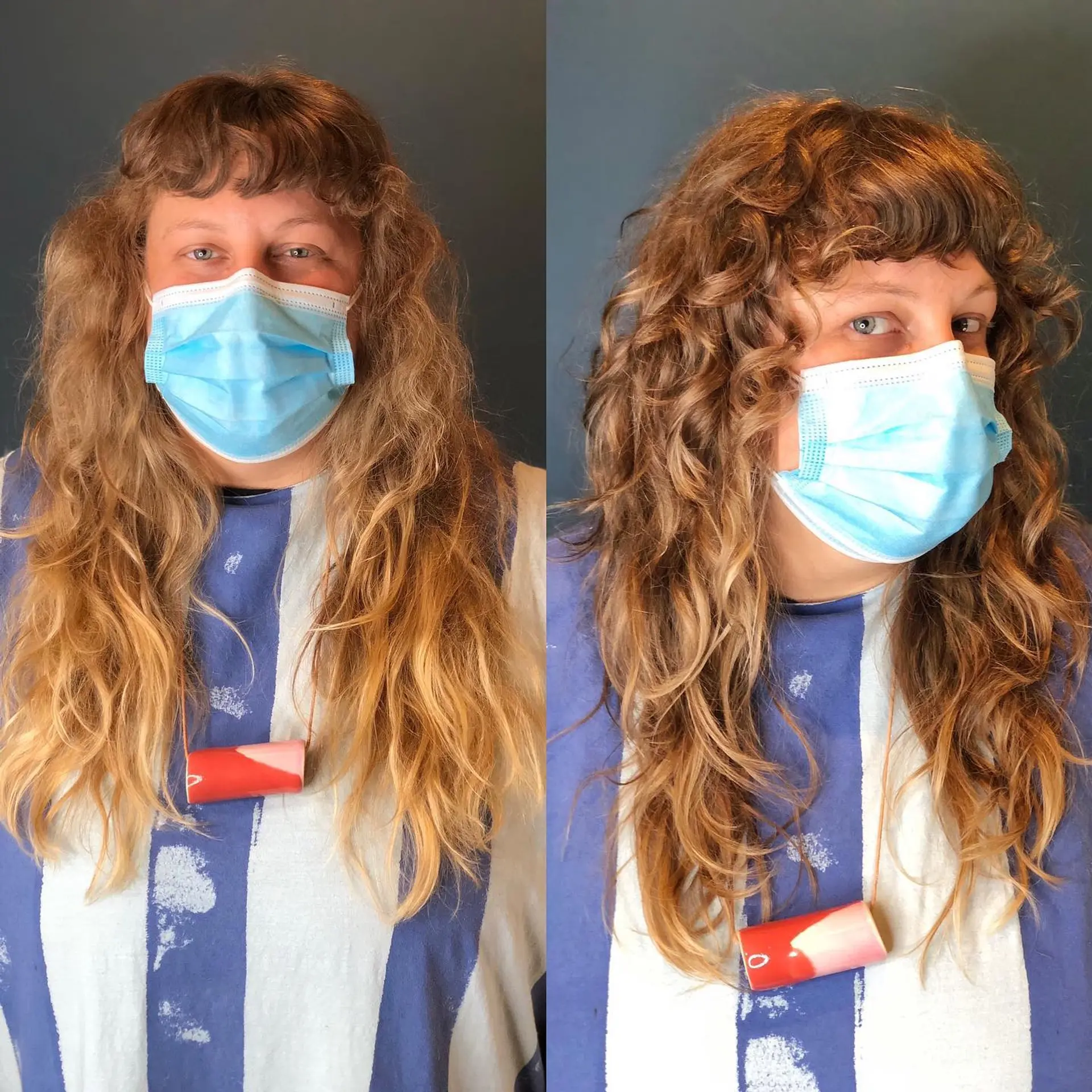 A trendy curly shag haircut with face-framing layers and short bangs. 1