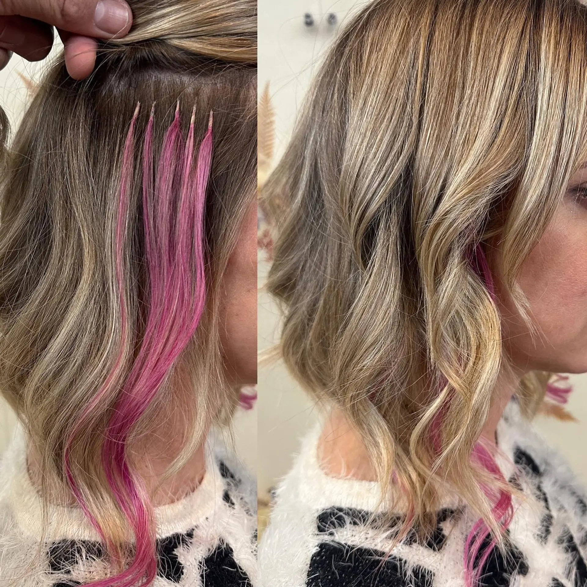 A dimensional blonde wavy A-line bob accented with vibrant pink peekaboo extensions underneath. 1