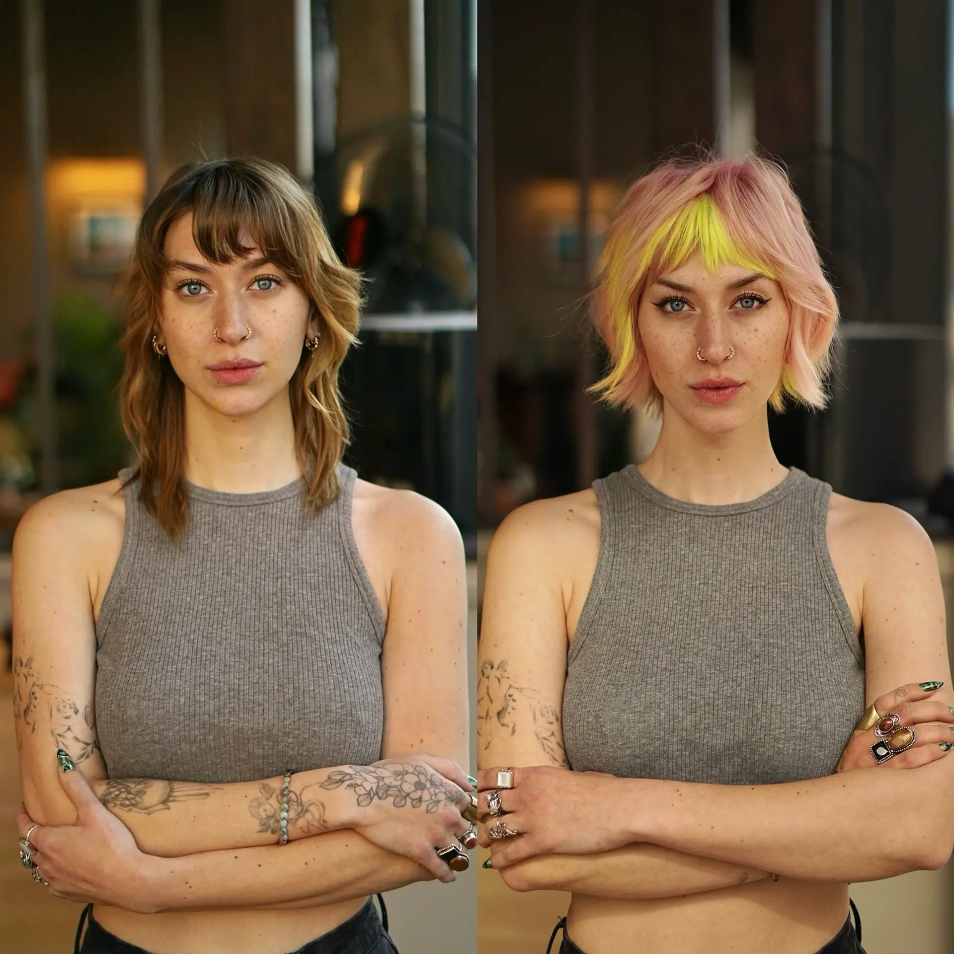 A transformative short bixie cut colored in soft pastel pink with a high-contrast pop of neon yellow across the textured fringe. 1