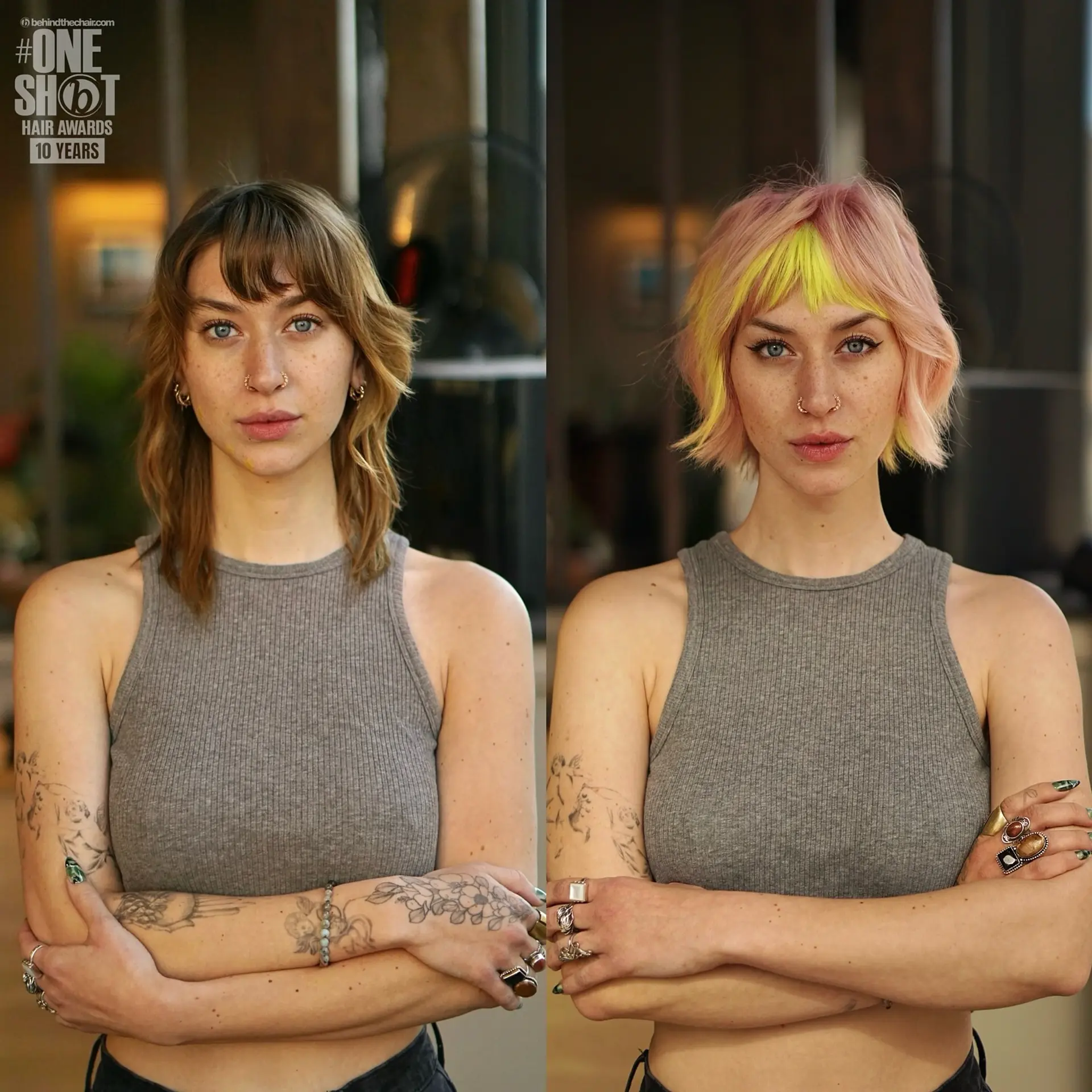 A textured bixie haircut featuring pastel blush pink lengths and bright neon yellow fringe bangs. 1