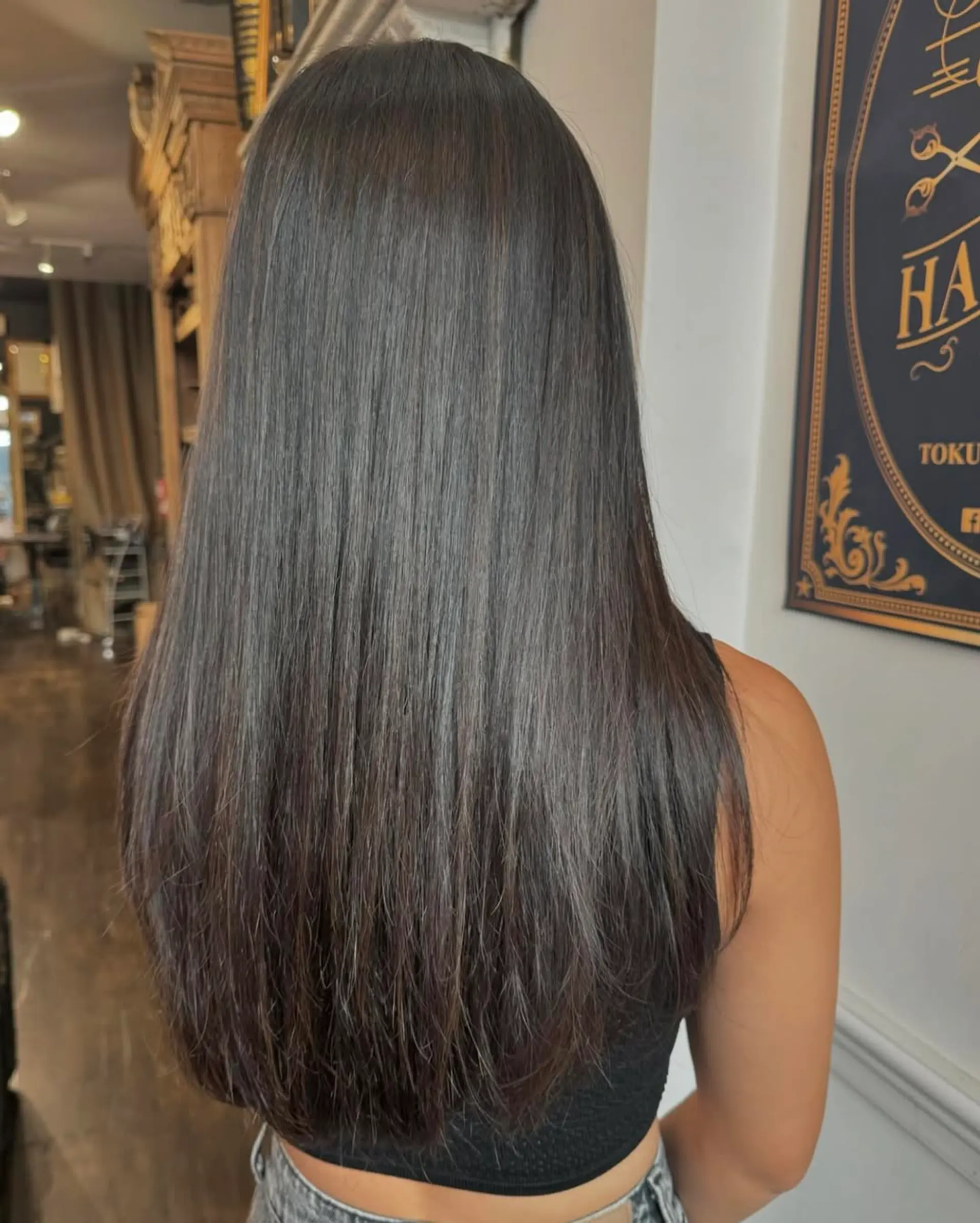 Long, straight, sleek black hair with a glossy finish and minimal layers. 1