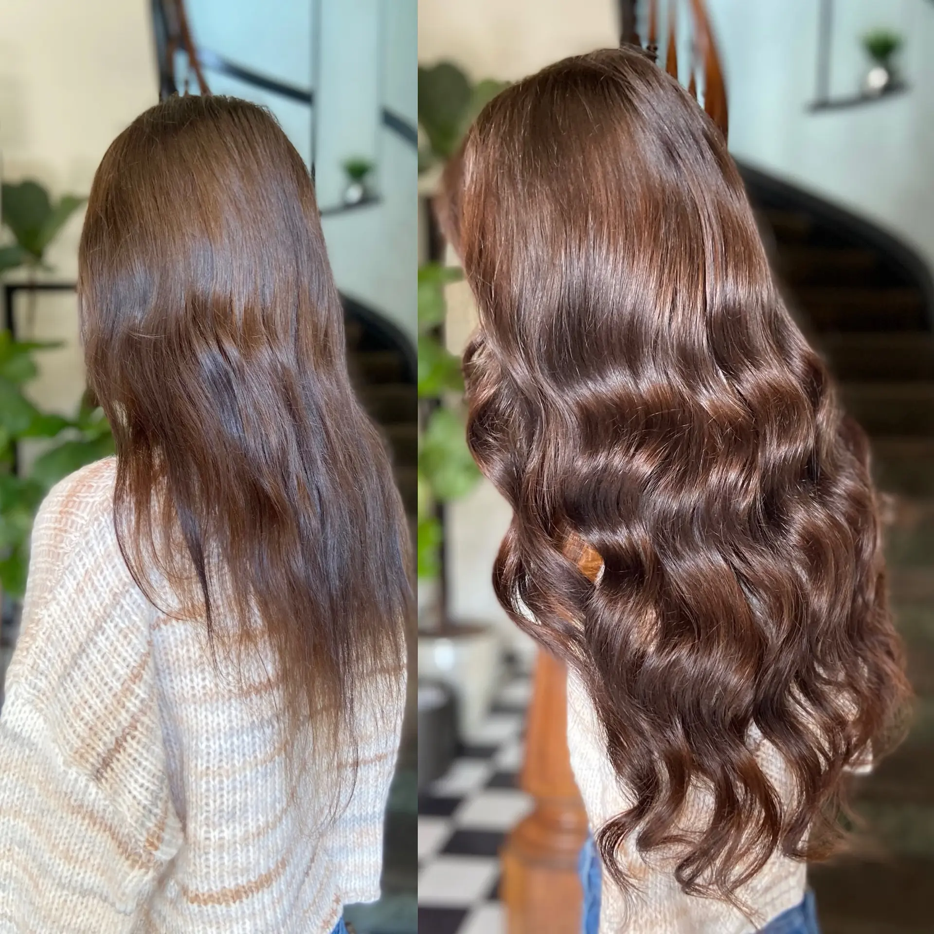 A dramatic before-and-after hair transformation featuring extensions added for maximum length and volume, styled in rich glossy waves. 1