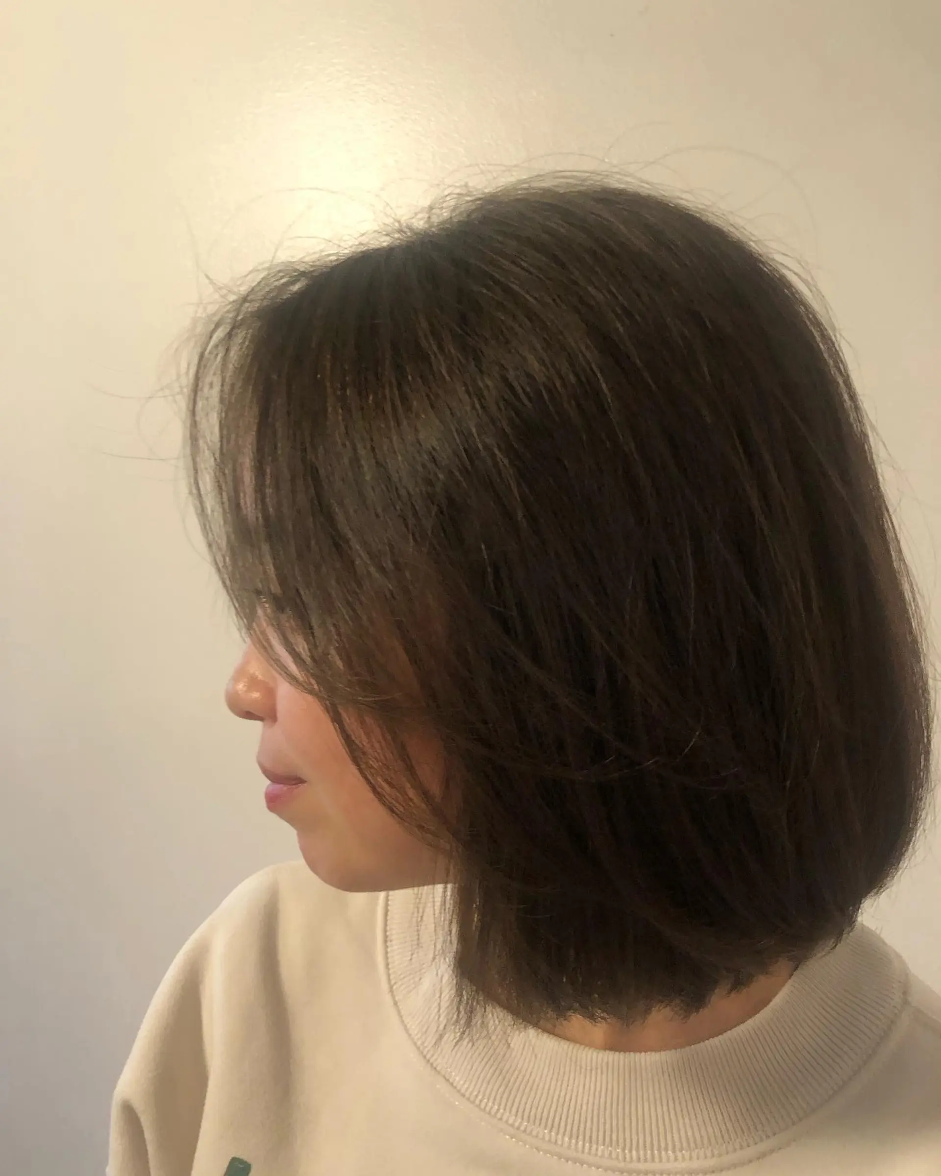 A textured neck-length bob haircut in a rich natural brunette tone, featuring soft face-framing layers and a slight inward curve. 1