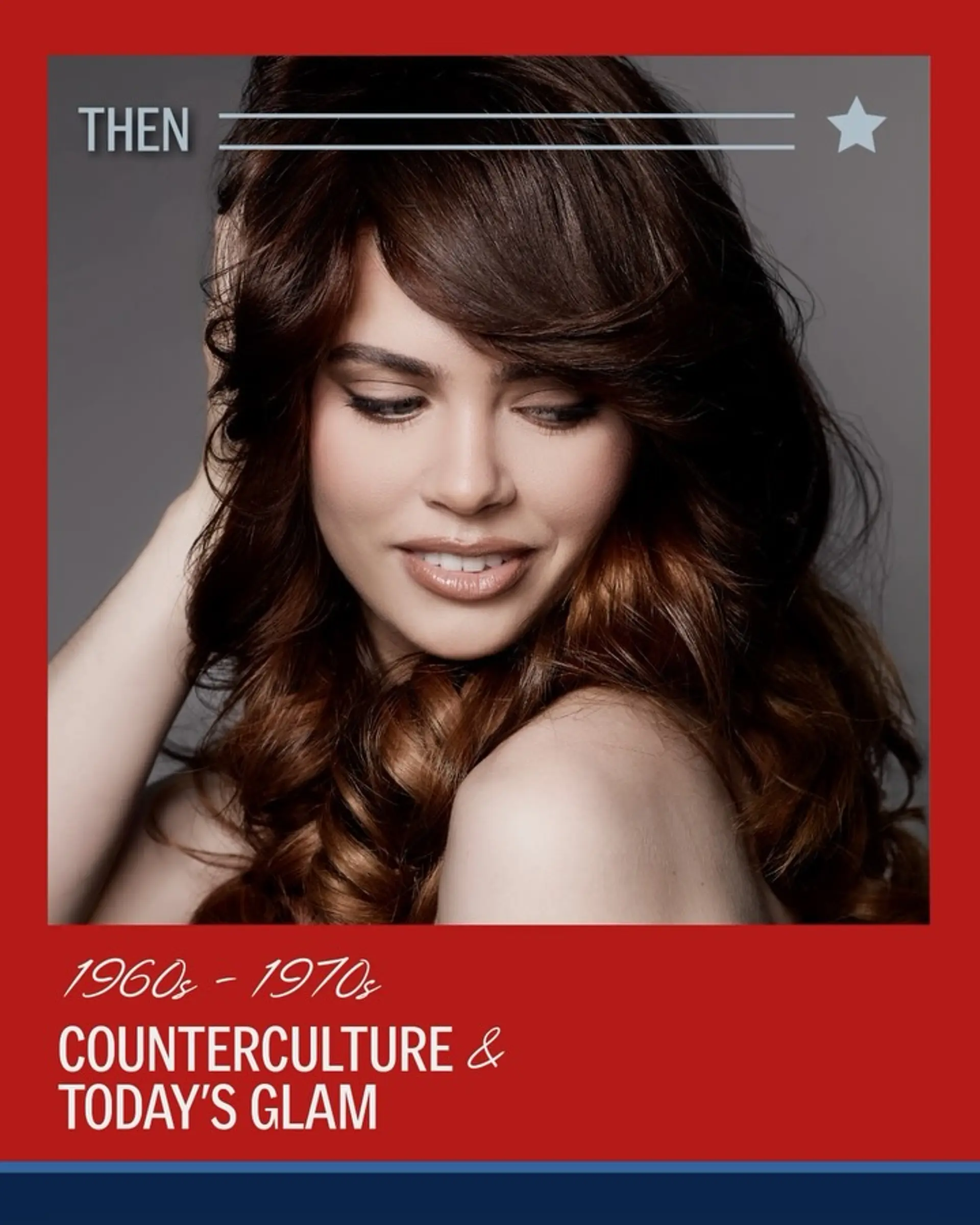 Voluminous retro 1970s-inspired blowout featuring feathered layers, side-swept fringe, and defined bouncy curls in rich brunette tones. 1