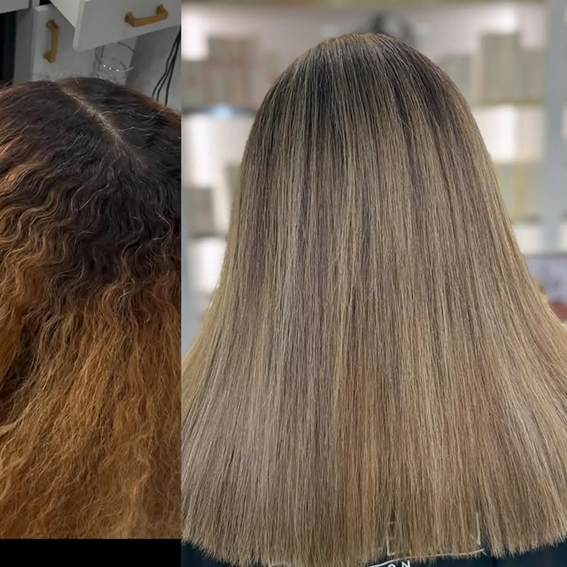 A warm bronde balayage with a dark root smudge for a lived-in effect.  Long and straight. 1