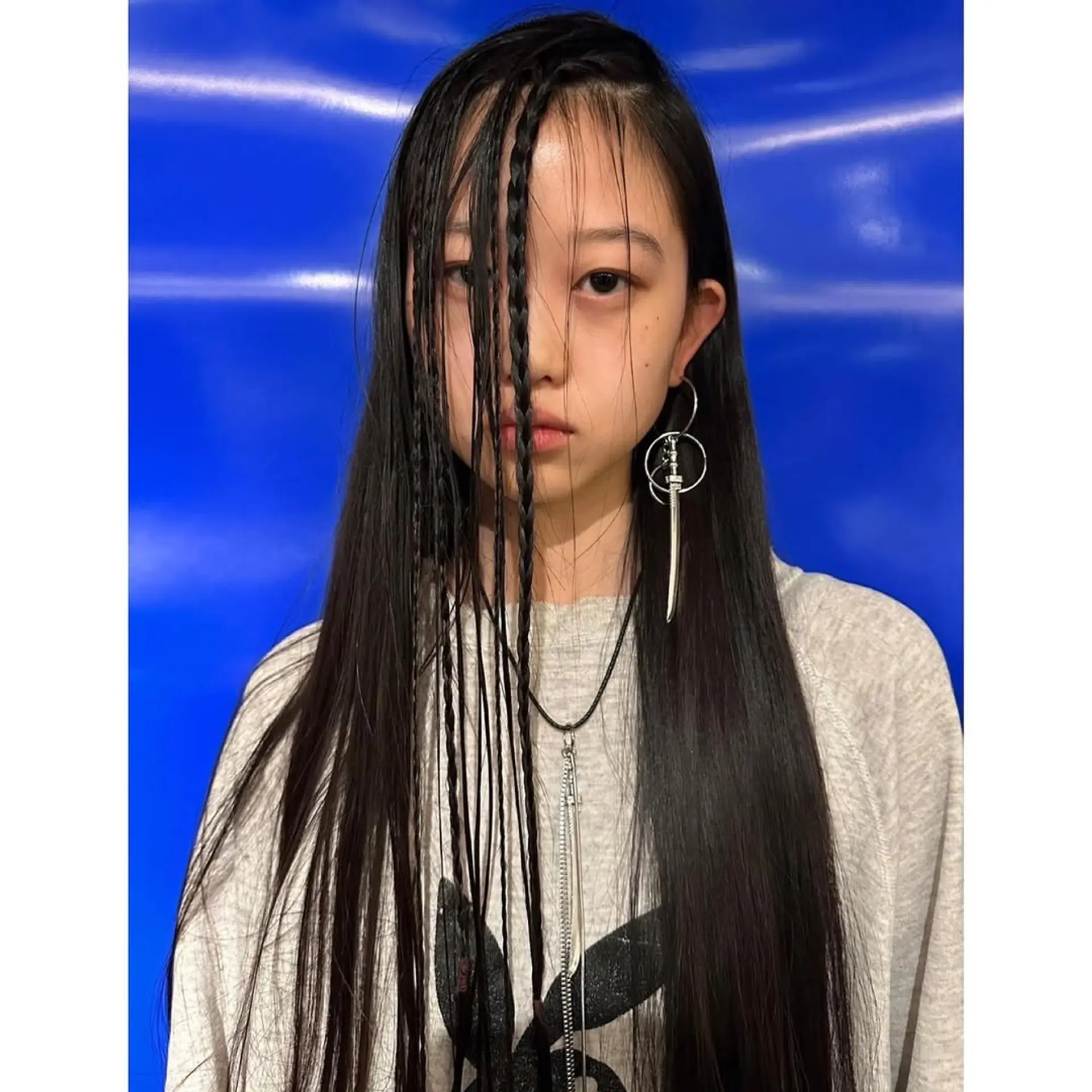 Long straight hair with braided curtain bangs. 1