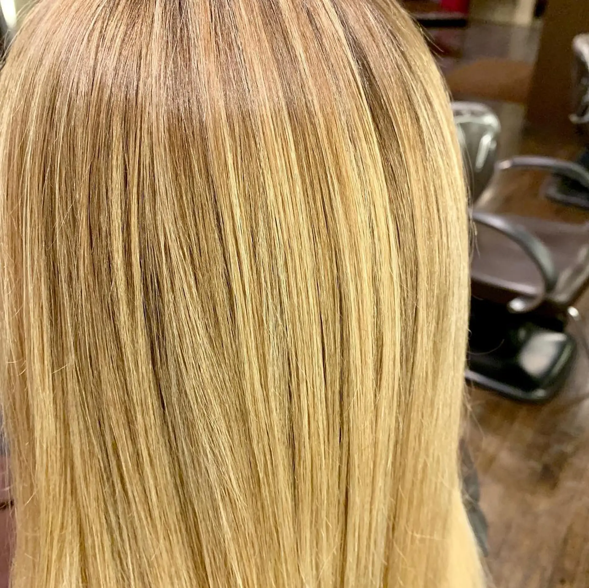 Long straight hair with a golden blonde balayage. 1