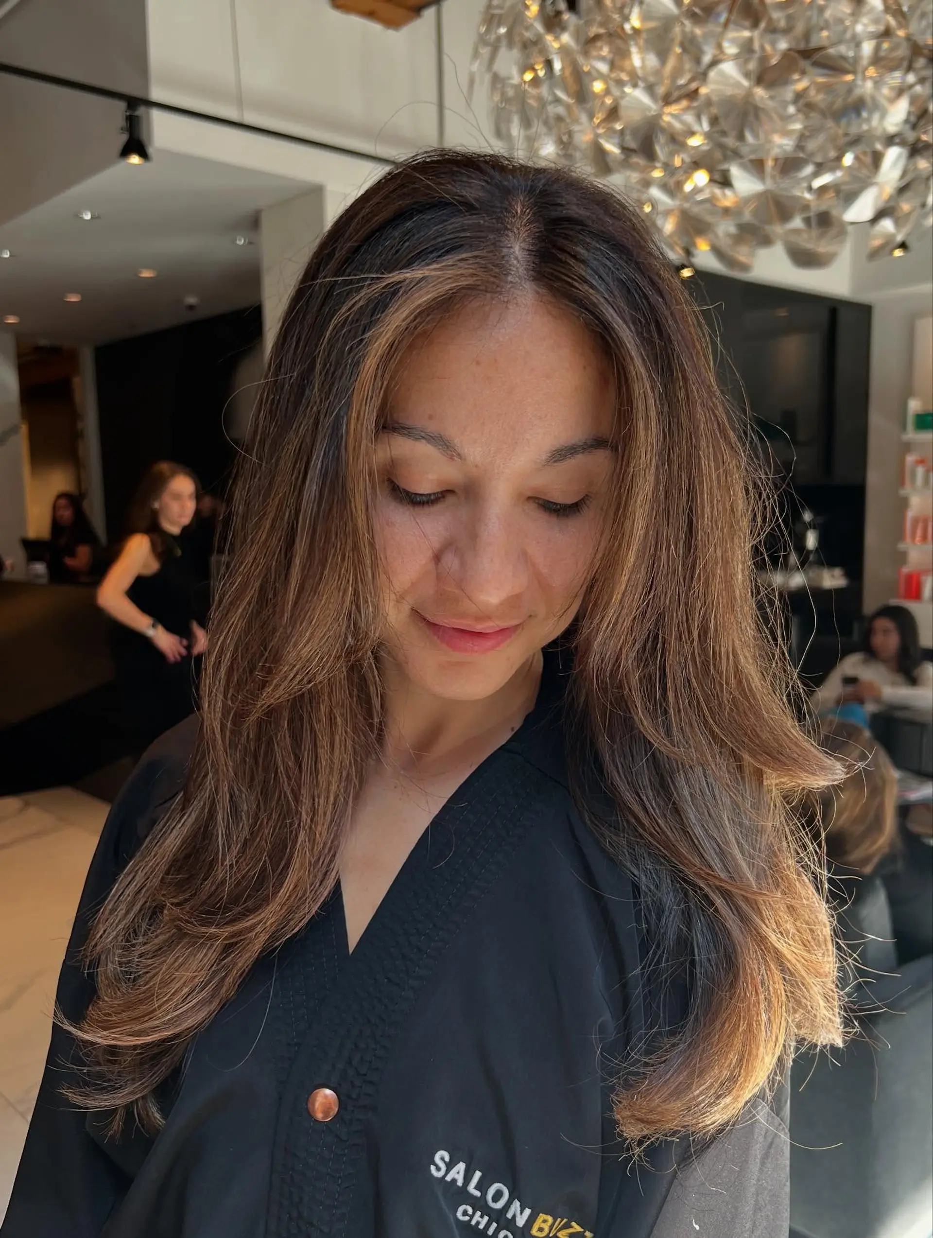 Long layered brunette hair with subtle caramel highlights styled in a soft, voluminous blowout. 1