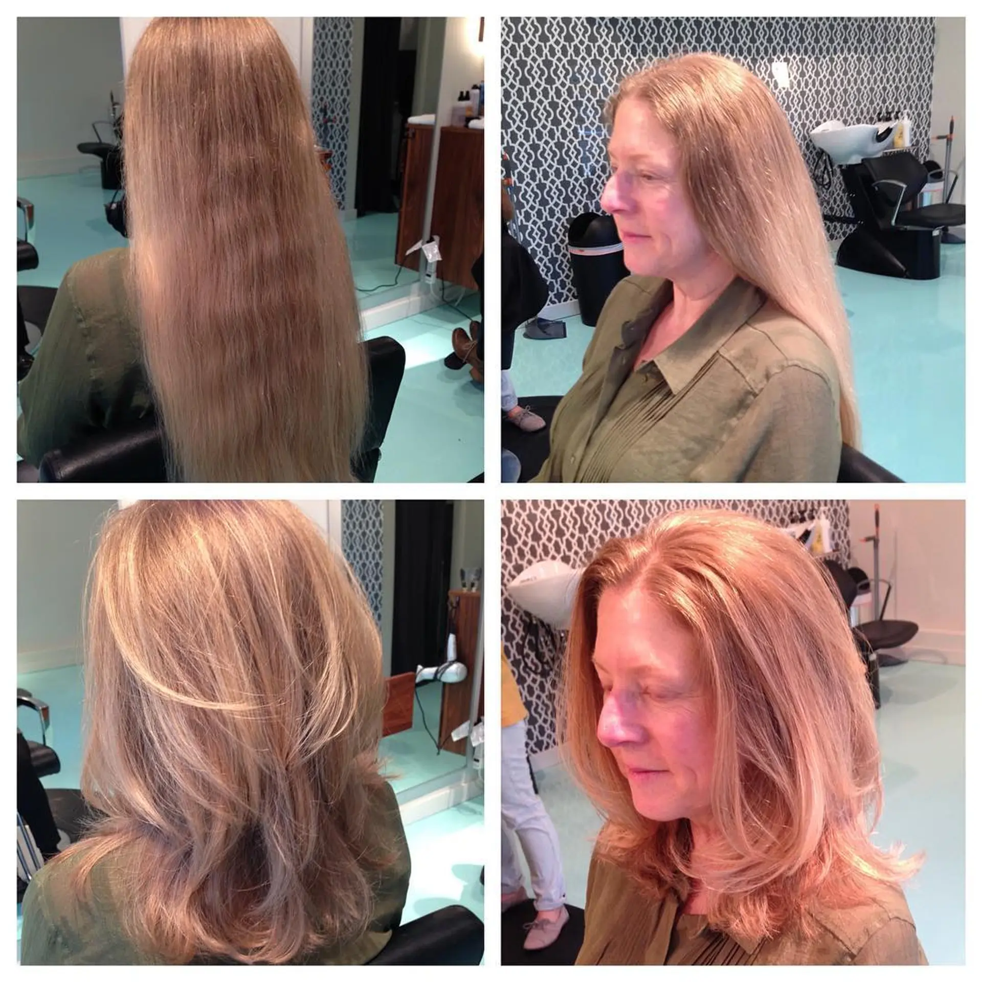 A layered medium-length haircut styled with soft face-framing layers and a bouncy blowout. 1
