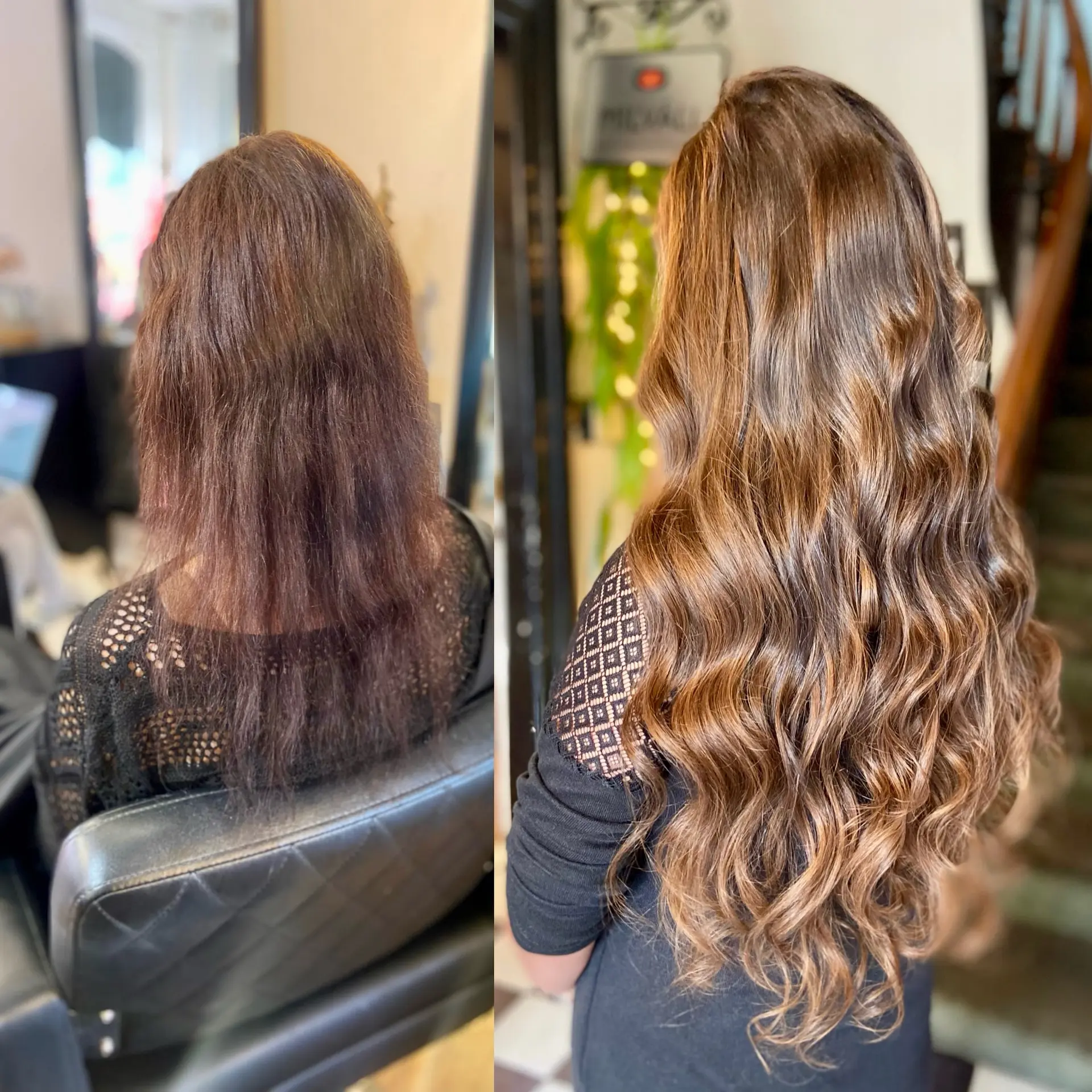 A dramatic before-and-after transformation featuring long brunette hair extensions styled in soft, glossy waves. 1