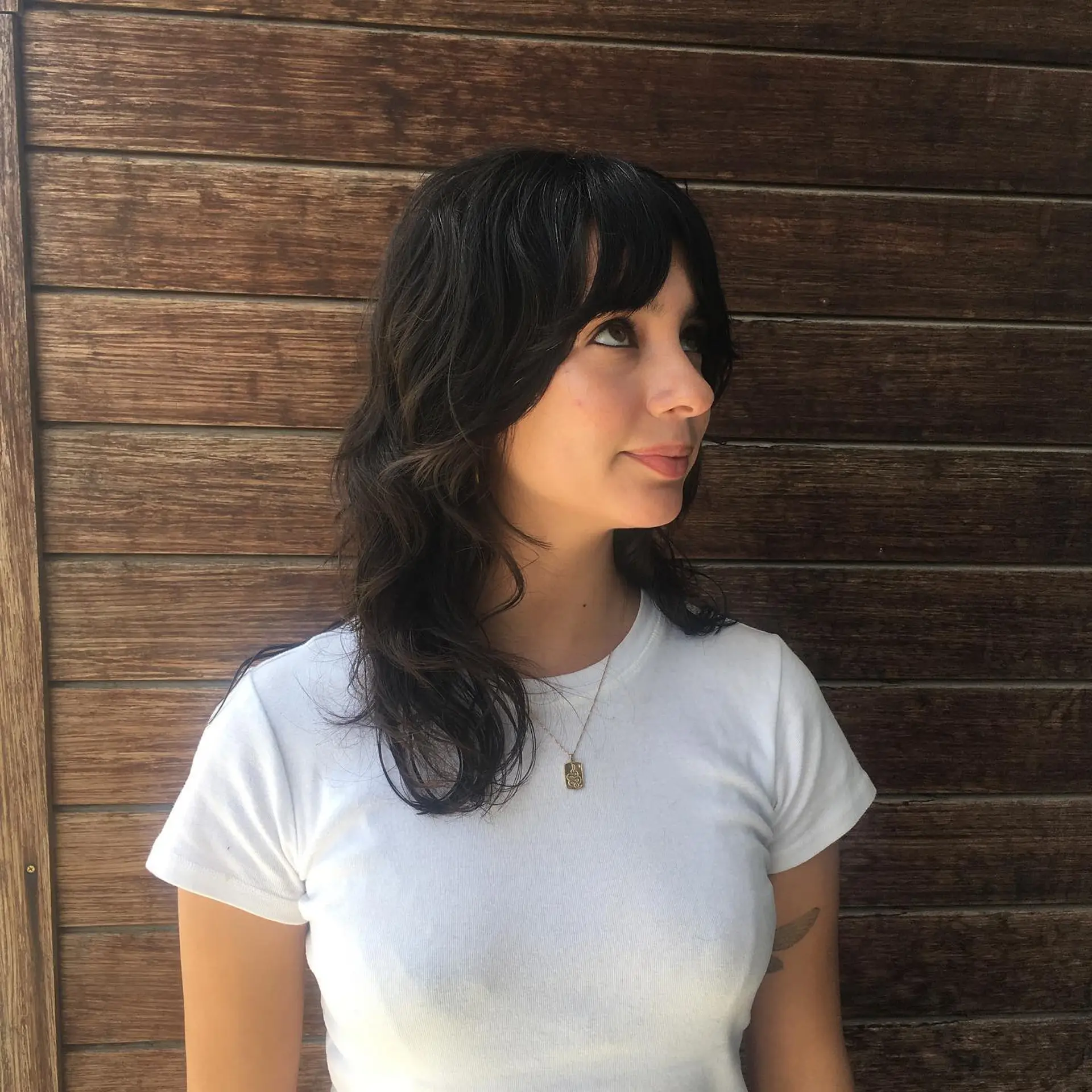 Medium-length dark brown shag cut with textured layers and soft curtain bangs. 1