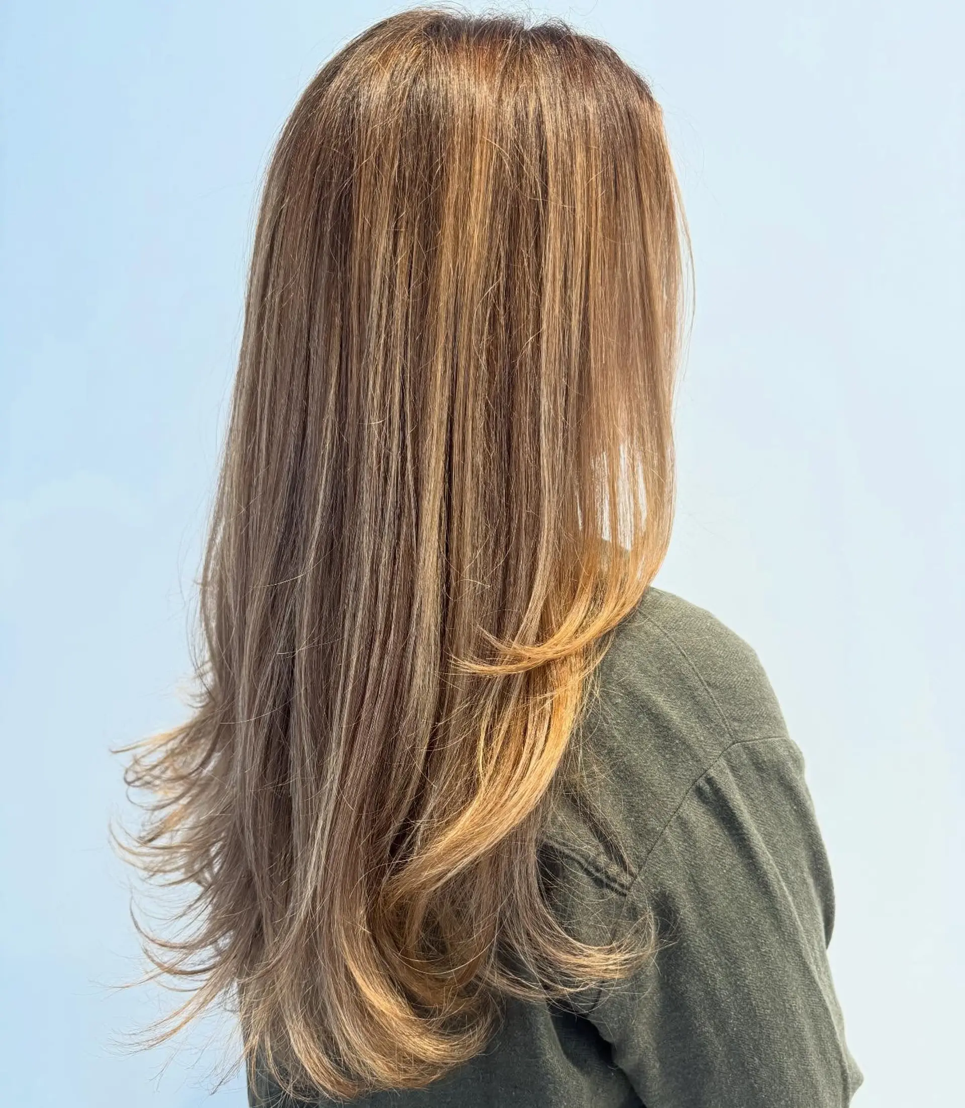 Long straight hair with layered flicked ends featuring warm honey blonde balayage highlights over a soft brown base. 1