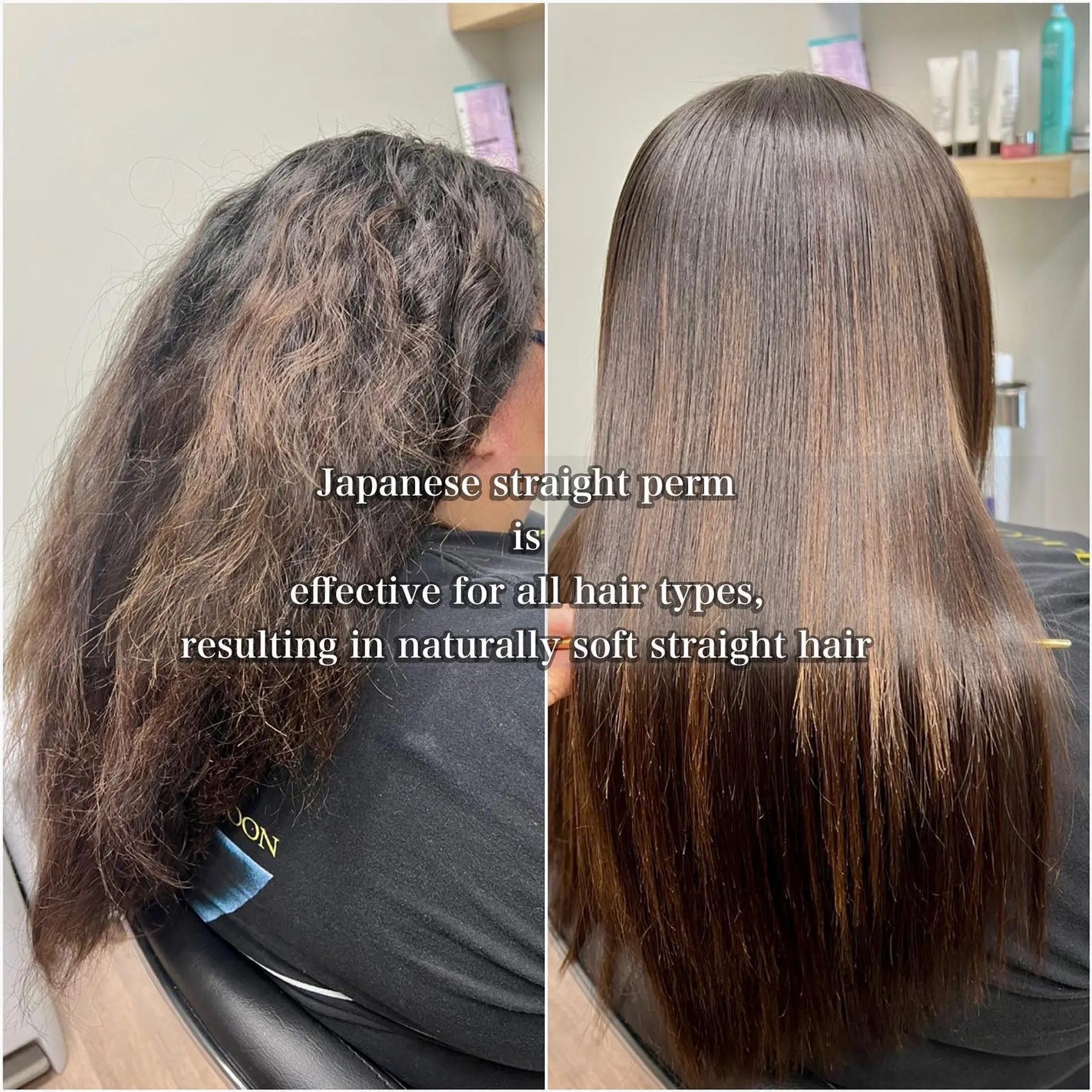 A sleek Japanese straight perm transformation converting frizzy, textured waves into smooth, pin-straight hair. 1