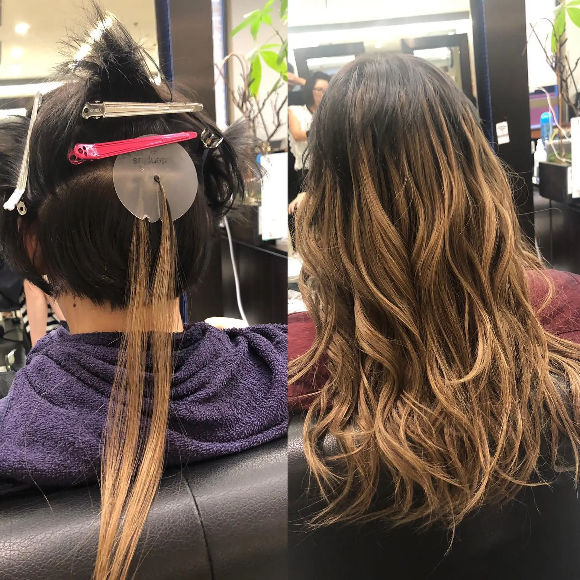 A dramatic hair extension transformation seamlessly blending short dark hair into long, loose waves with warm caramel highlights. 1