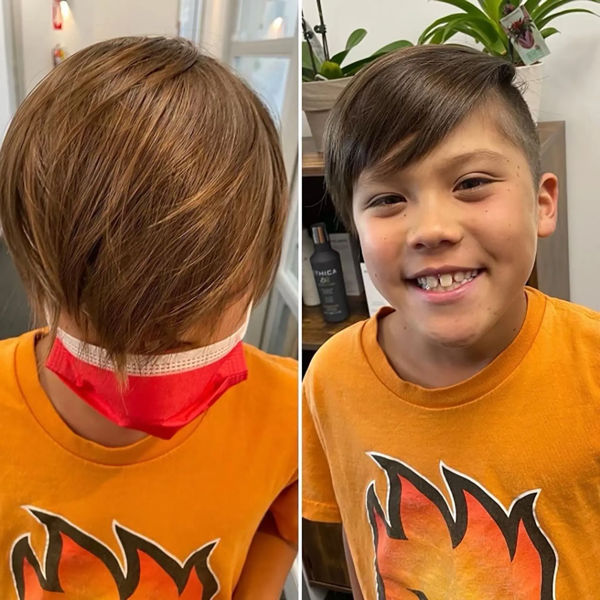A modern boy's haircut featuring faded or undercut sides and longer, textured side-swept bangs across the forehead. 1