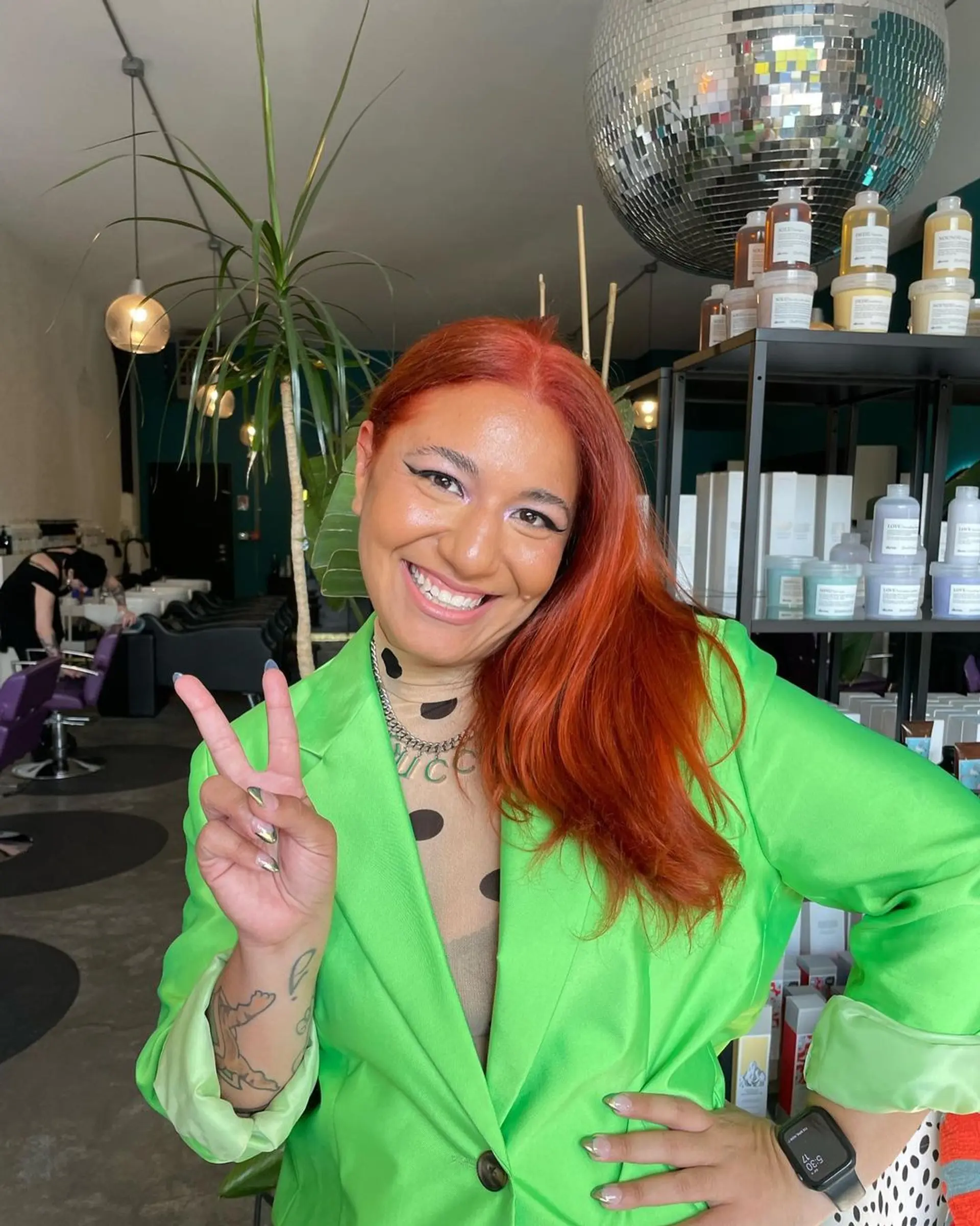 Long, straight copper hair with a subtle side part and smooth texture. Paired with a beautiful full glam! 3