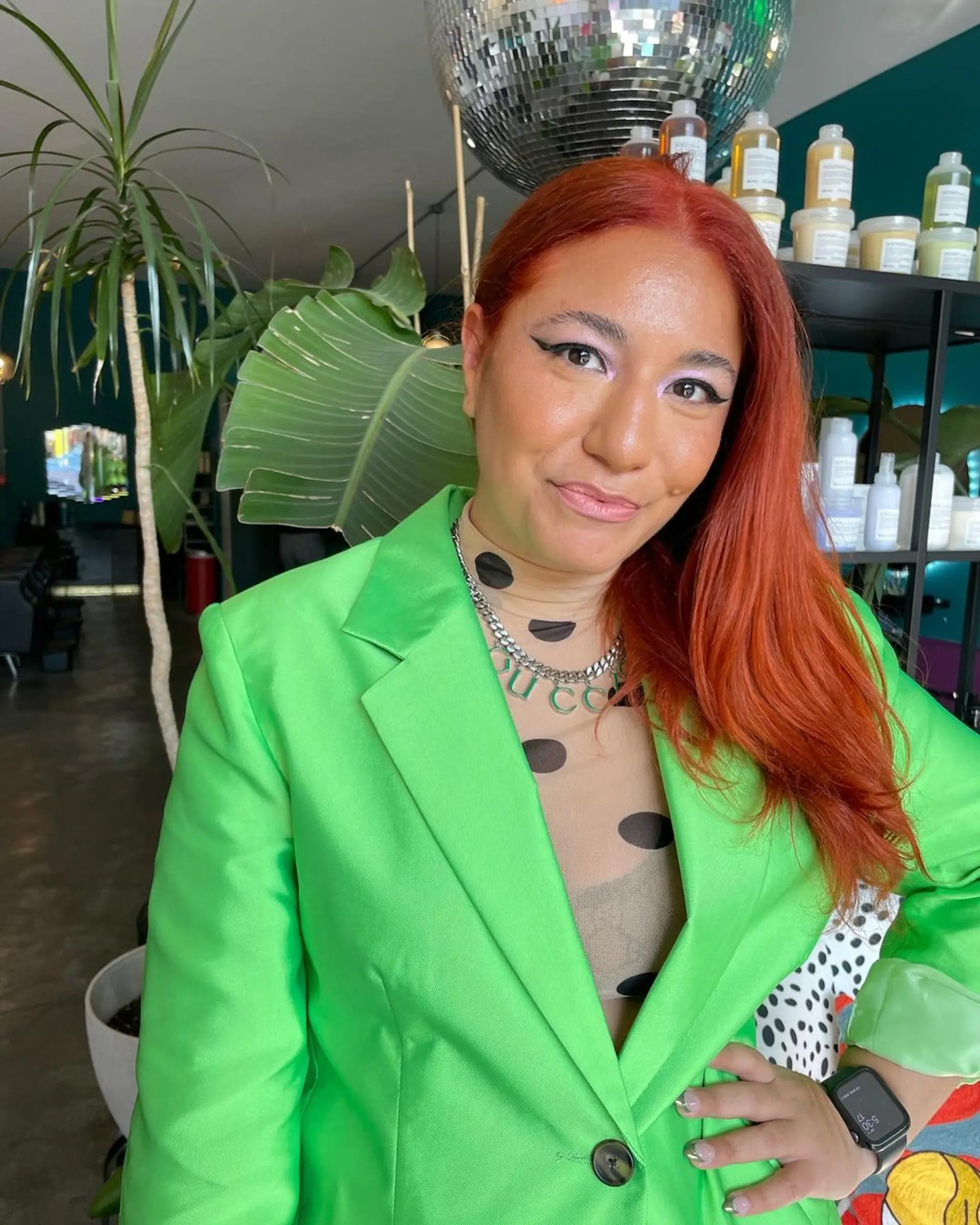 Long, straight copper hair with a subtle side part and smooth texture. Paired with a beautiful full glam! 2