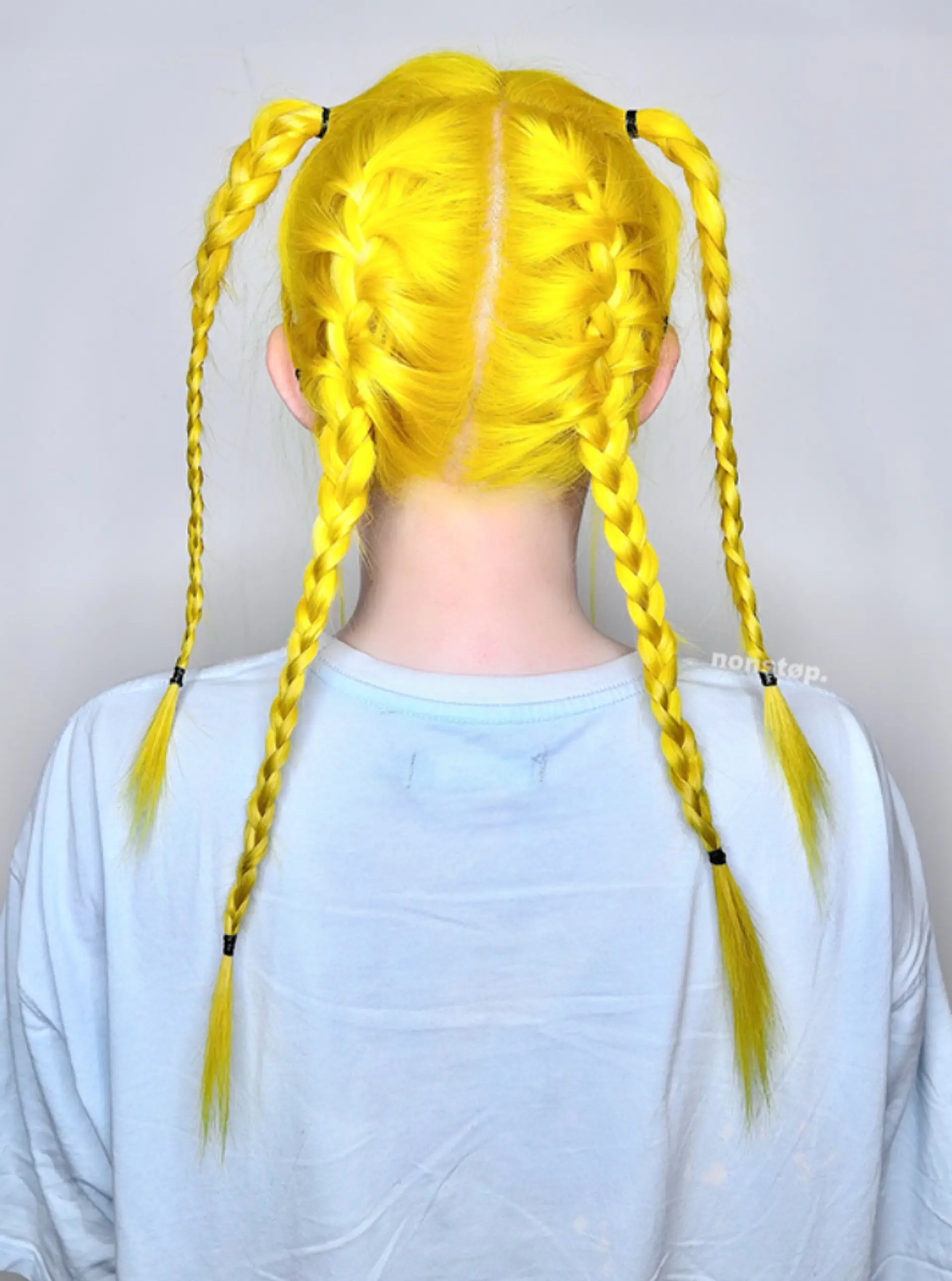 Bright yellow hair is parted in the middle and sectioned into four symmetrical braids, two on each side, creating sleek, straight pigtail braids that are secured with small bands.
(NonstopStyle: by Vincent) 2