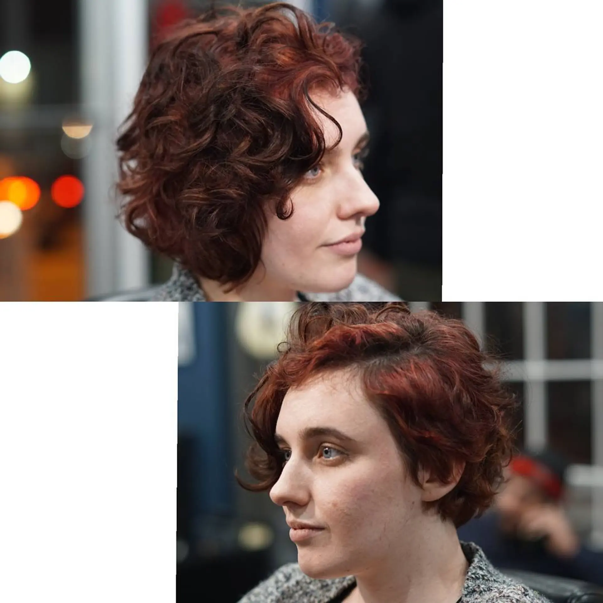 A textured curly pixie cut with rich reddish-brown tones, styled with soft volume and defined curls. 1