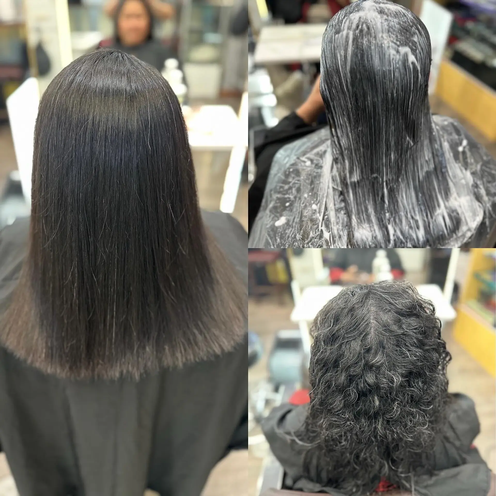 A sleek, smooth medium-length straight hair transformation shown alongside before and during-treatment process photos. 1